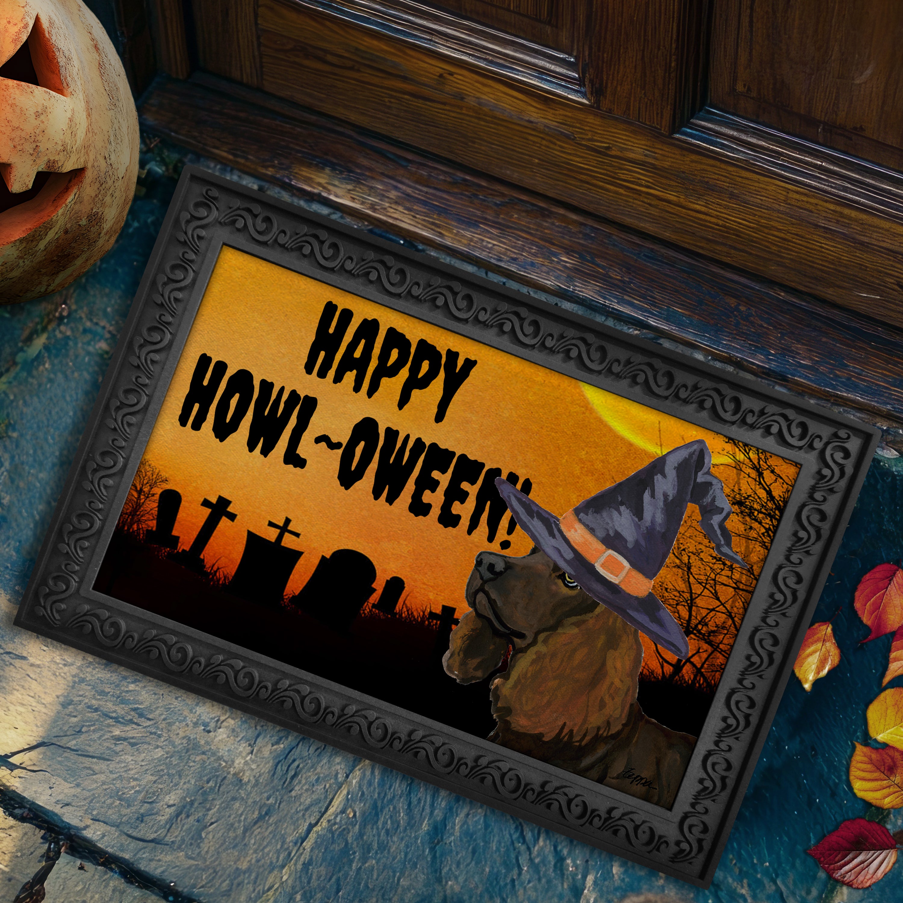 Halloween-themed doormat with a American Water Spaniel wearing a witch hat and 'Happy Howl-Oween!' text on a doorstep.