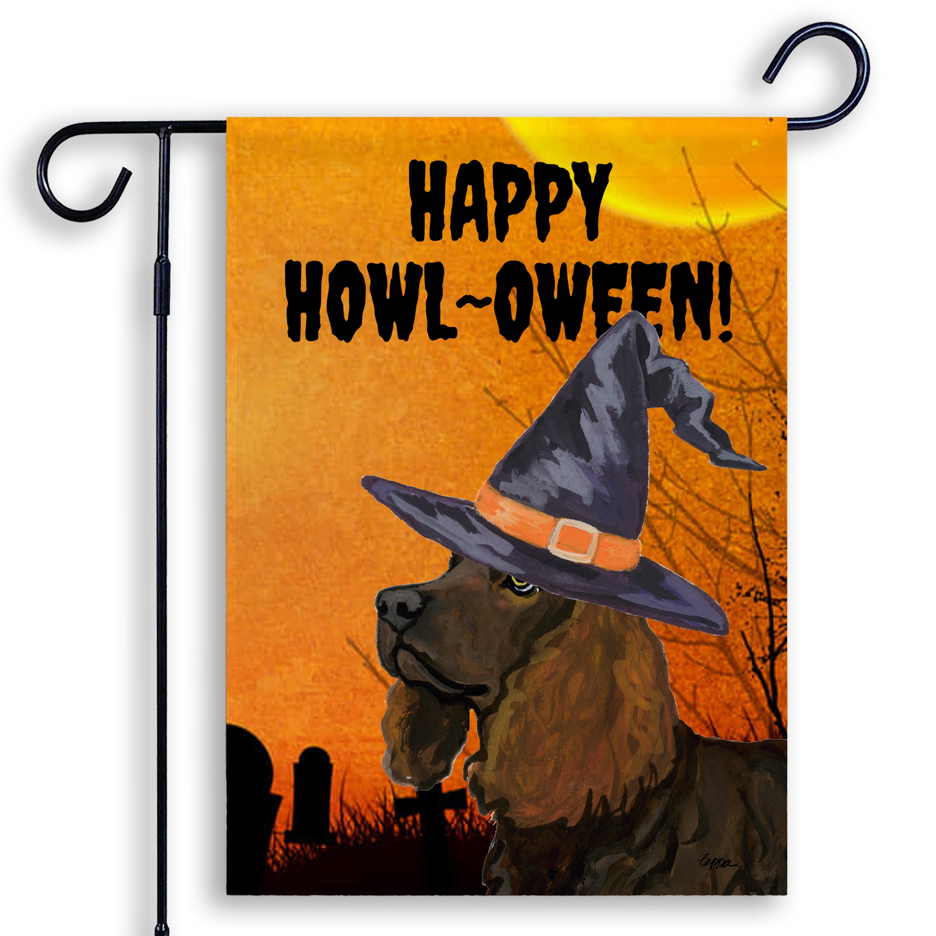 Halloween-themed garden flag with an American Water Spaniel wearing a witch hat and 'Happy Howl-Oween!' text on an orange background.
