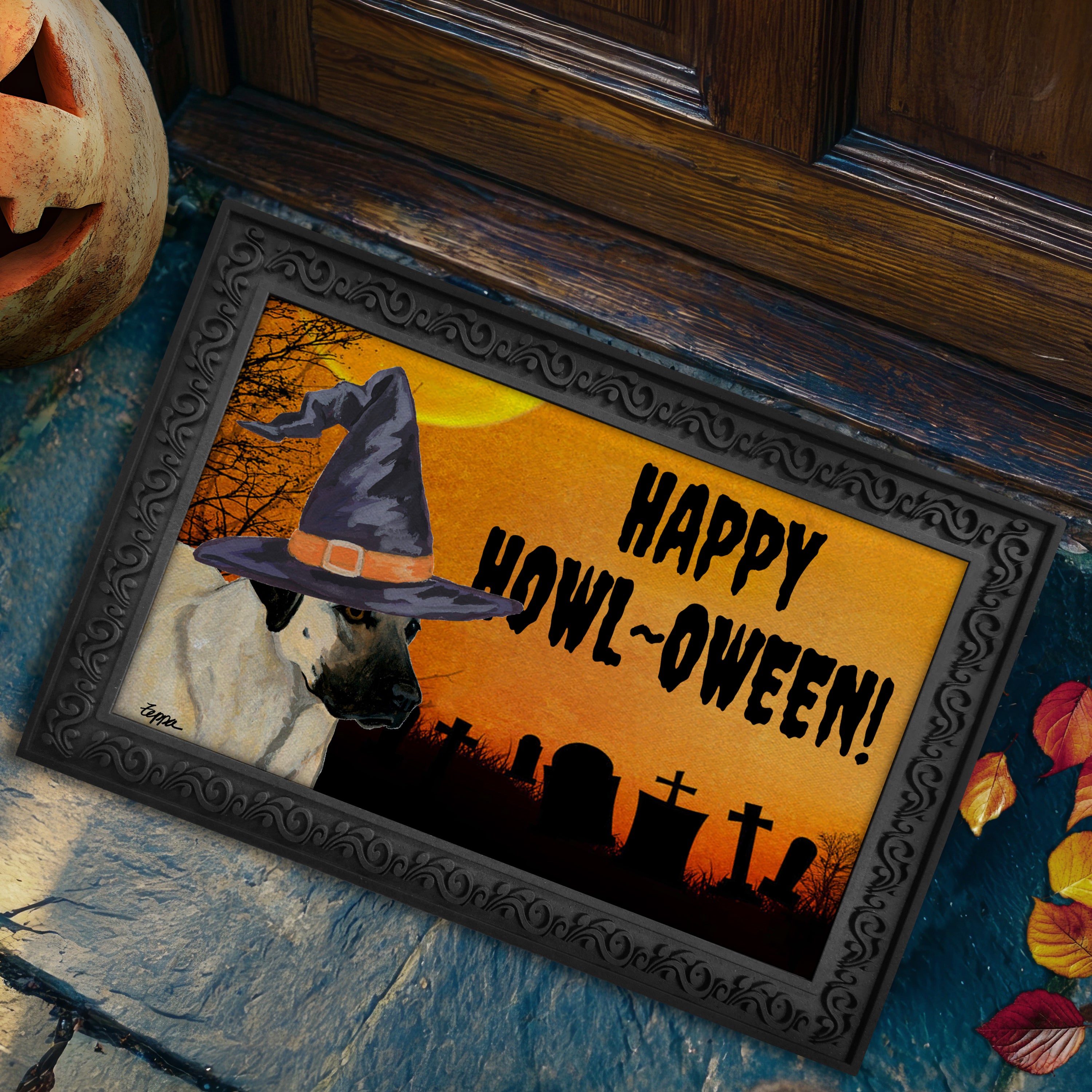 Halloween-themed doormat with a Anatolian Shepherd wearing a witch hat and 'Happy Howl-Oween!' text on a doorstep.