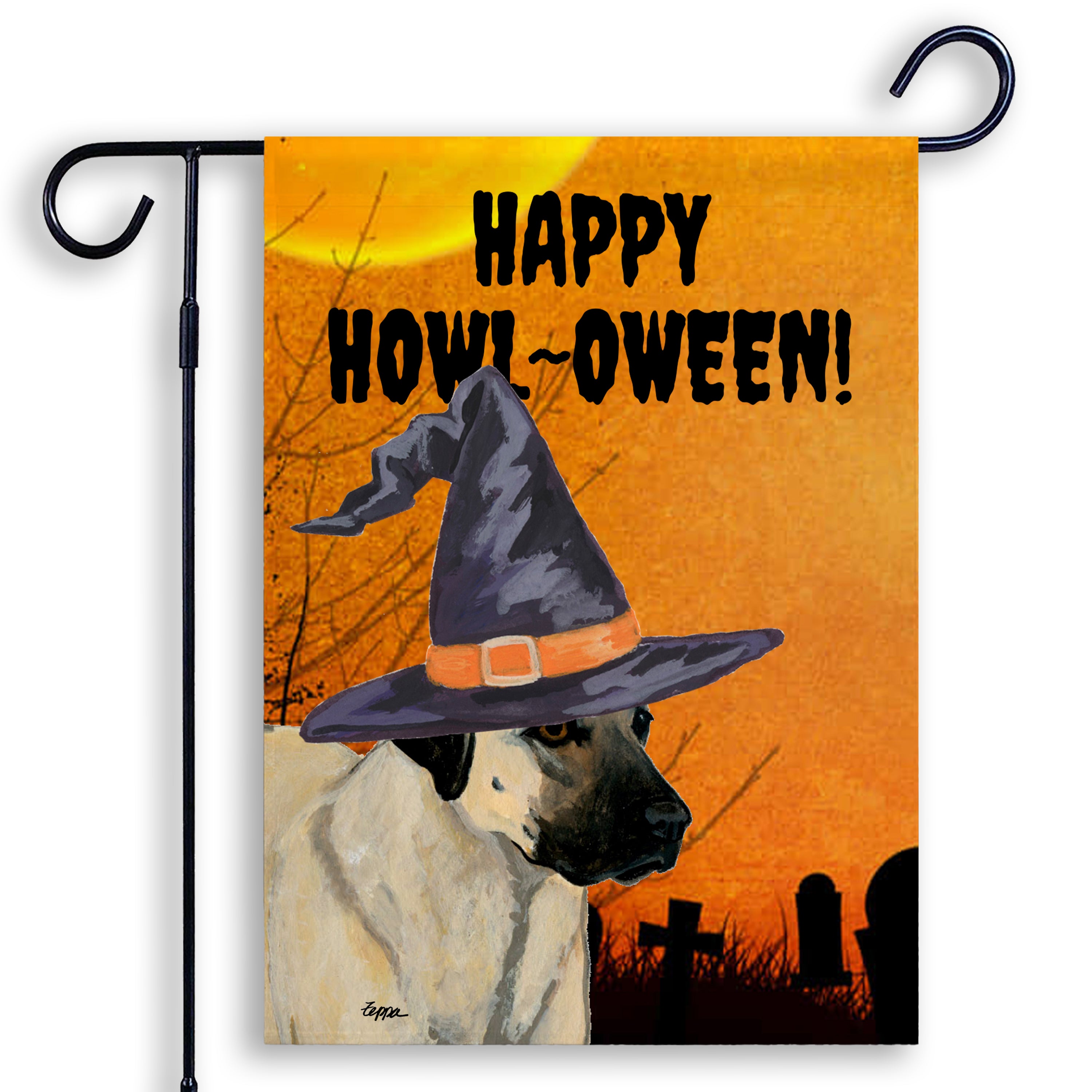 Halloween-themed garden flag with an Anatolian Shepherd wearing a witch hat and 'Happy Howl-Oween!' text on an orange background.