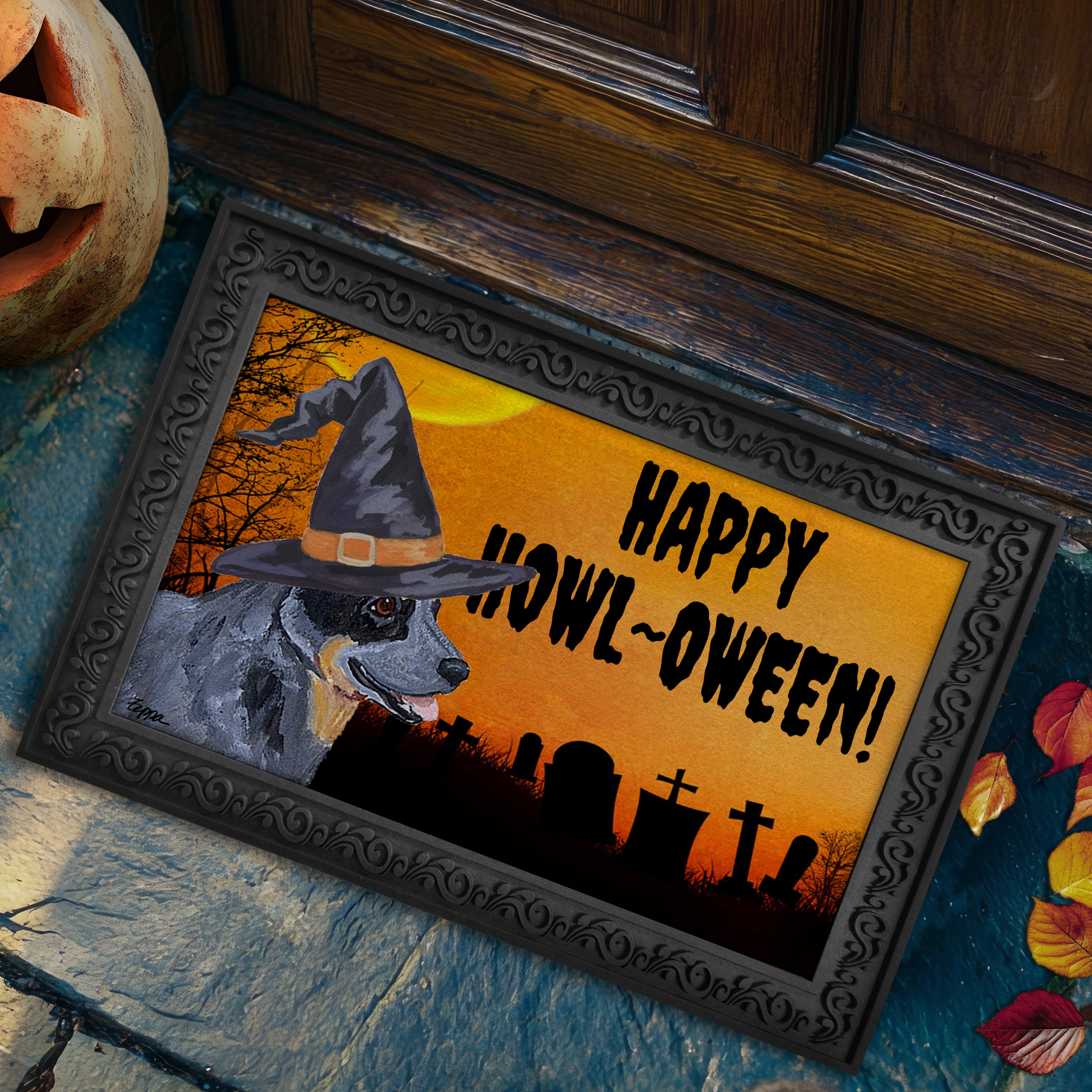 Halloween-themed doormat with a Australian Cattle Dog wearing a witch hat and 'Happy Howl-Oween!' text on a doorstep.