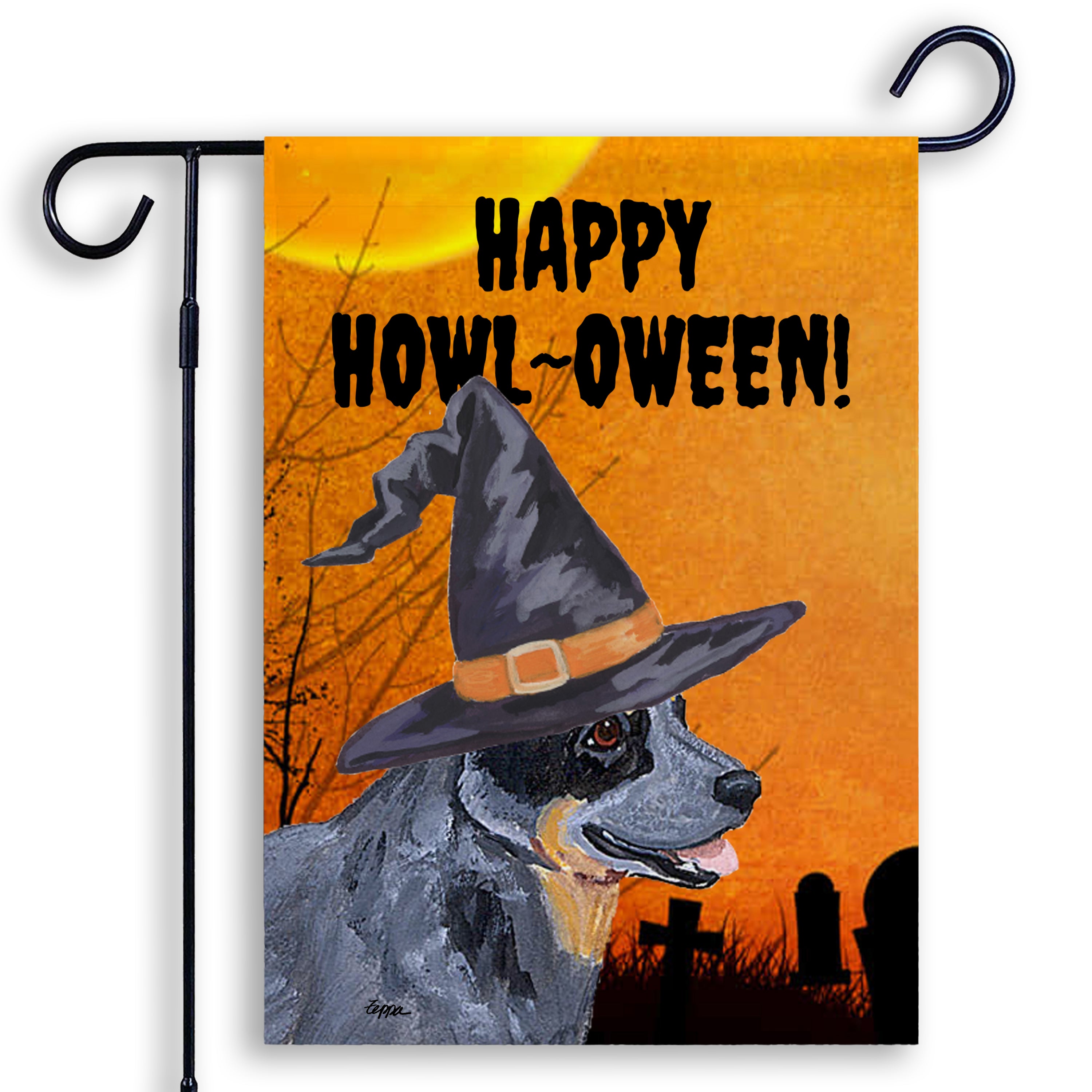 Halloween-themed garden flag with an Australian Cattle Dog wearing a witch hat and 'Happy Howl-Oween!' text on an orange background.