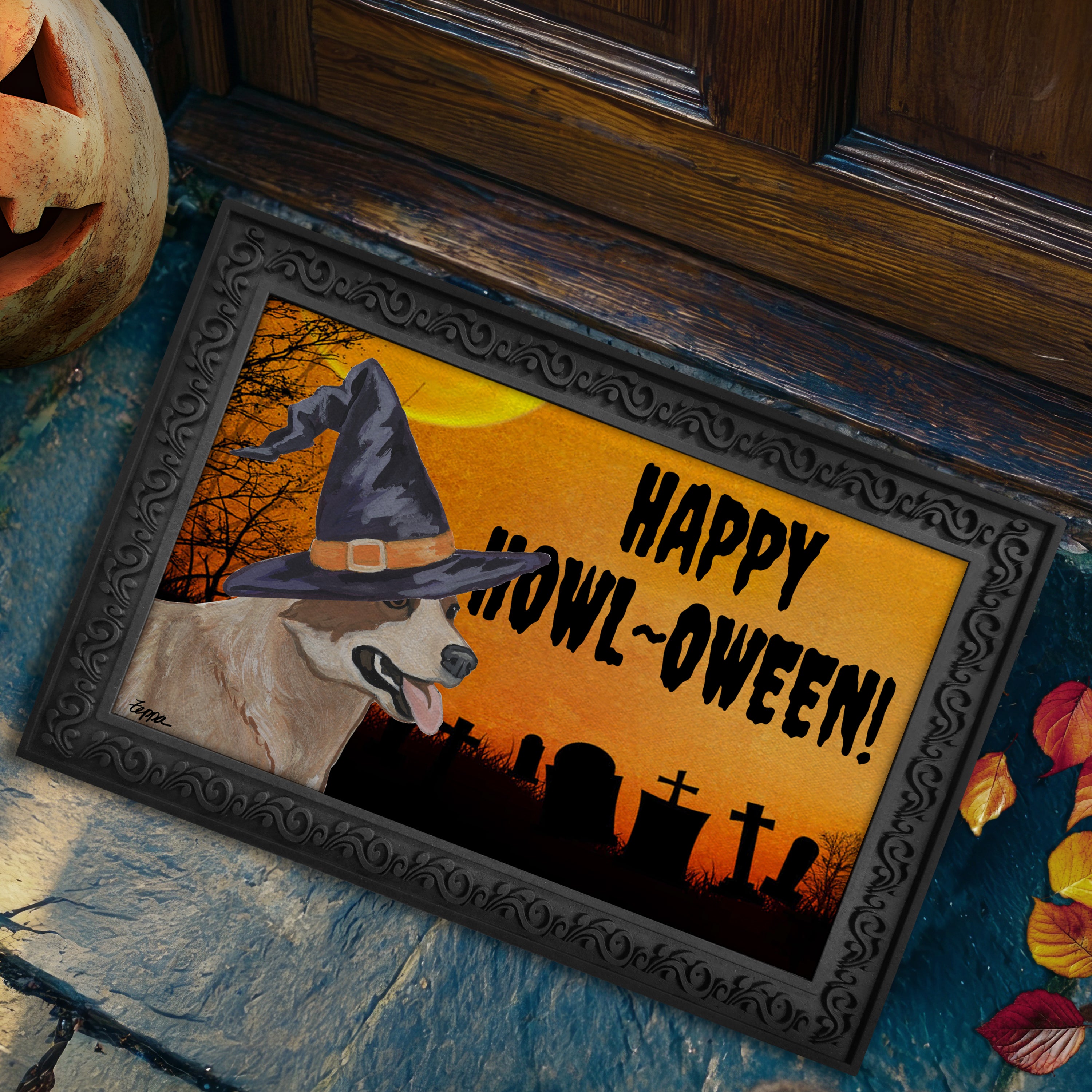 Halloween-themed doormat with a Australian Cattle Dog wearing a witch hat and 'Happy Howl-Oween!' text on a doorstep.