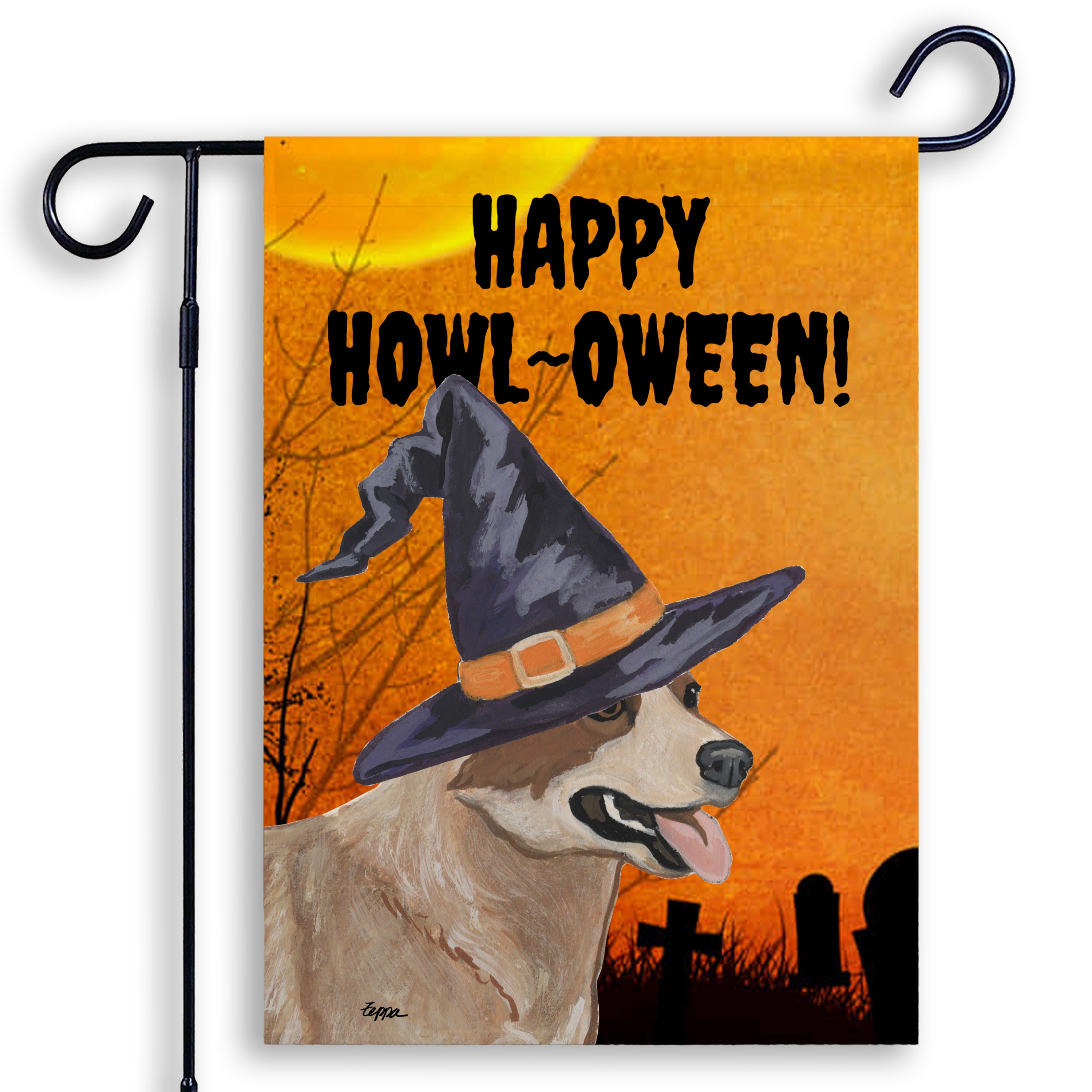 Halloween-themed garden flag with an Australian Cattle Dog wearing a witch hat and 'Happy Howl-Oween!' text on an orange background.