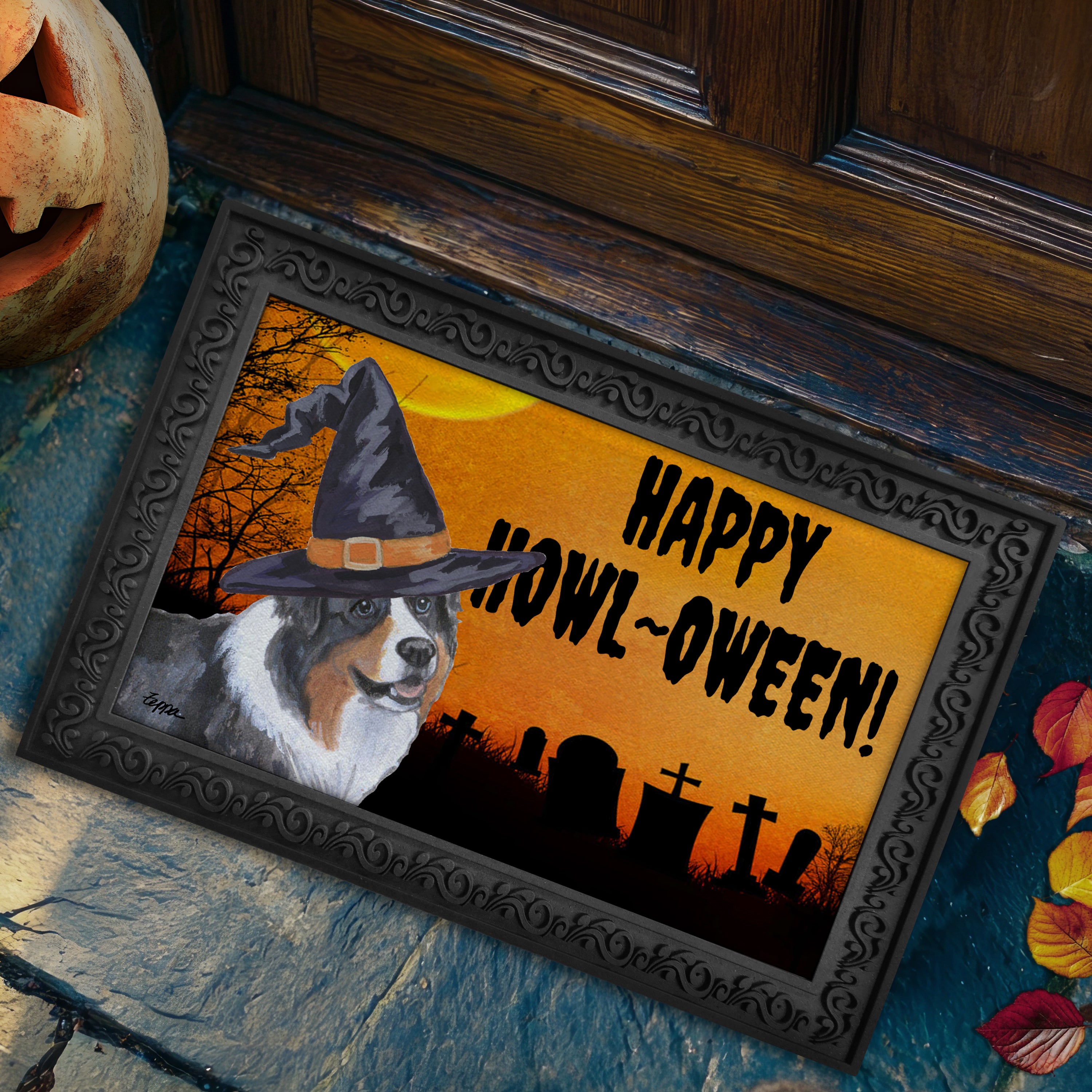 Halloween-themed doormat with a Australian Shepherd wearing a witch hat and 'Happy Howl-Oween!' text on a doorstep.