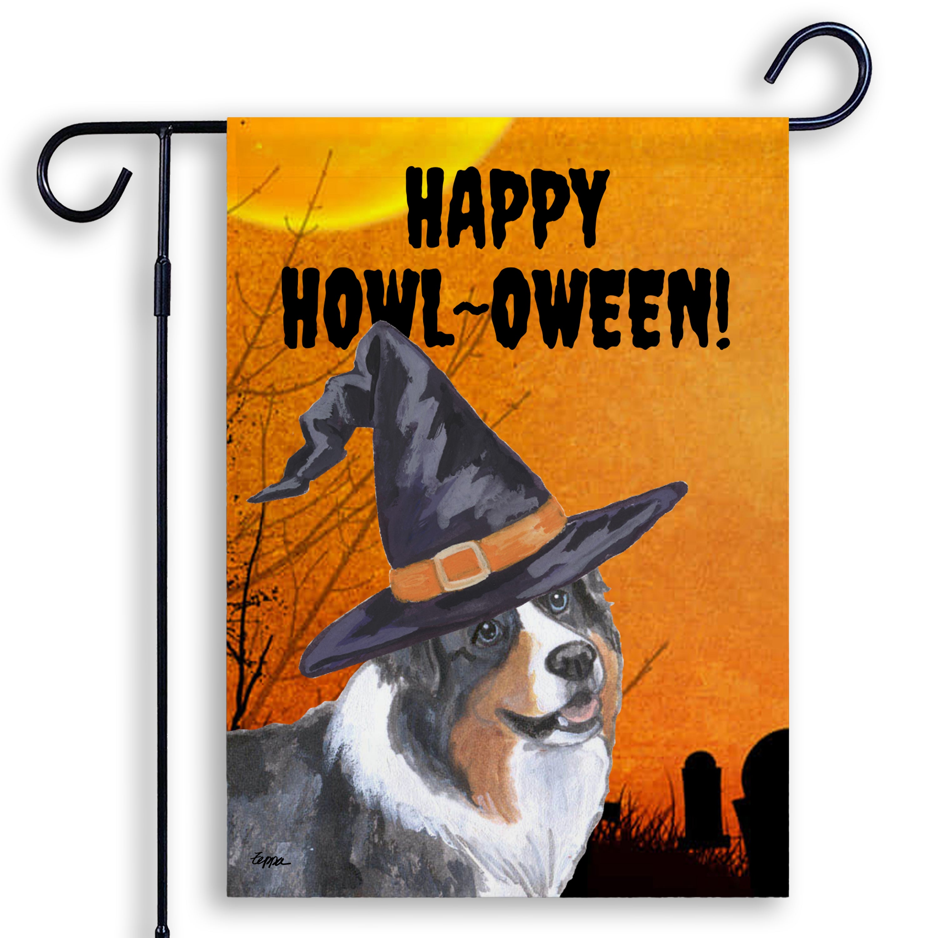 Halloween-themed garden flag with an Australian Shepherd wearing a witch hat and 'Happy Howl-Oween!' text on an orange background.