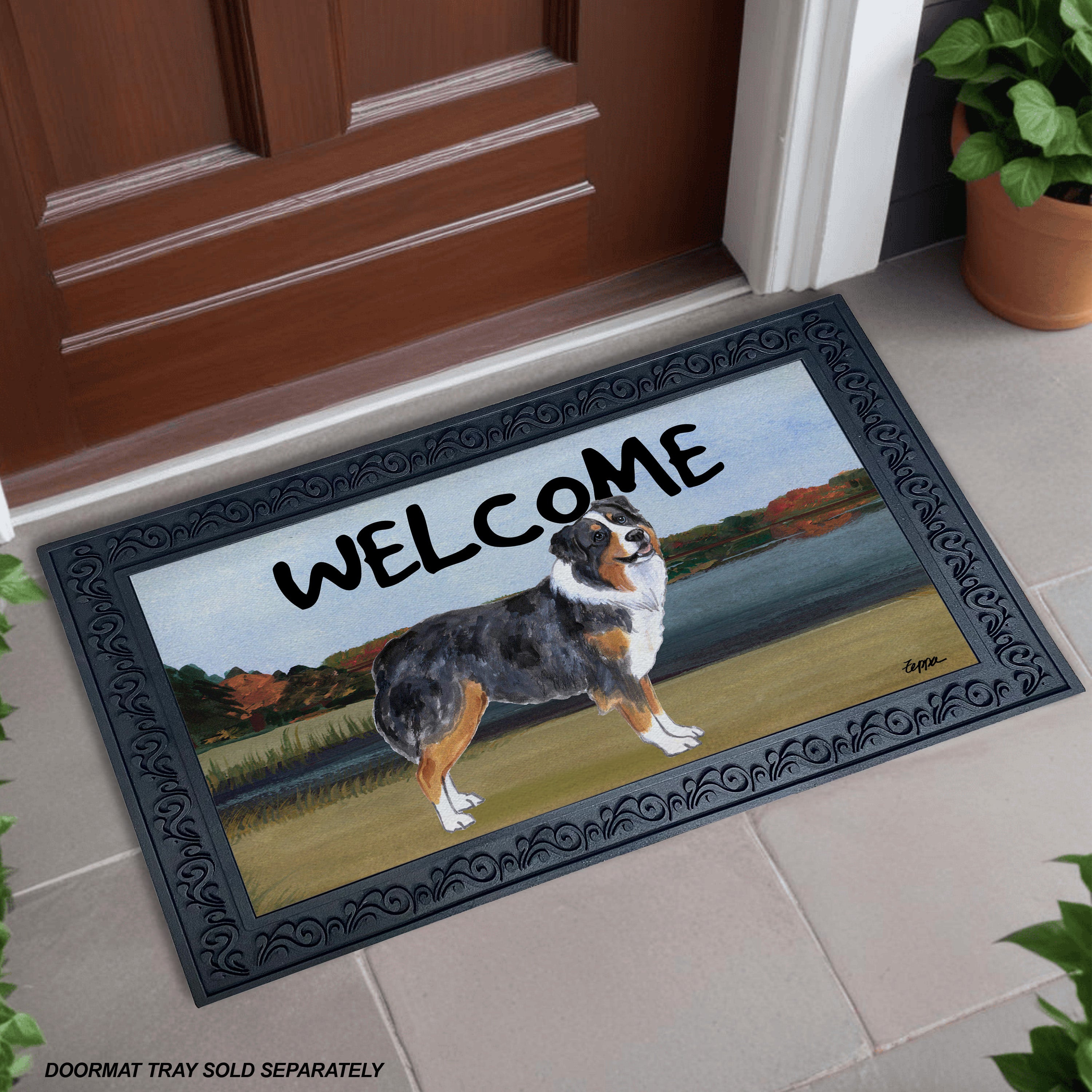 Aussie Shepherd Lake Scene Welcome Mat