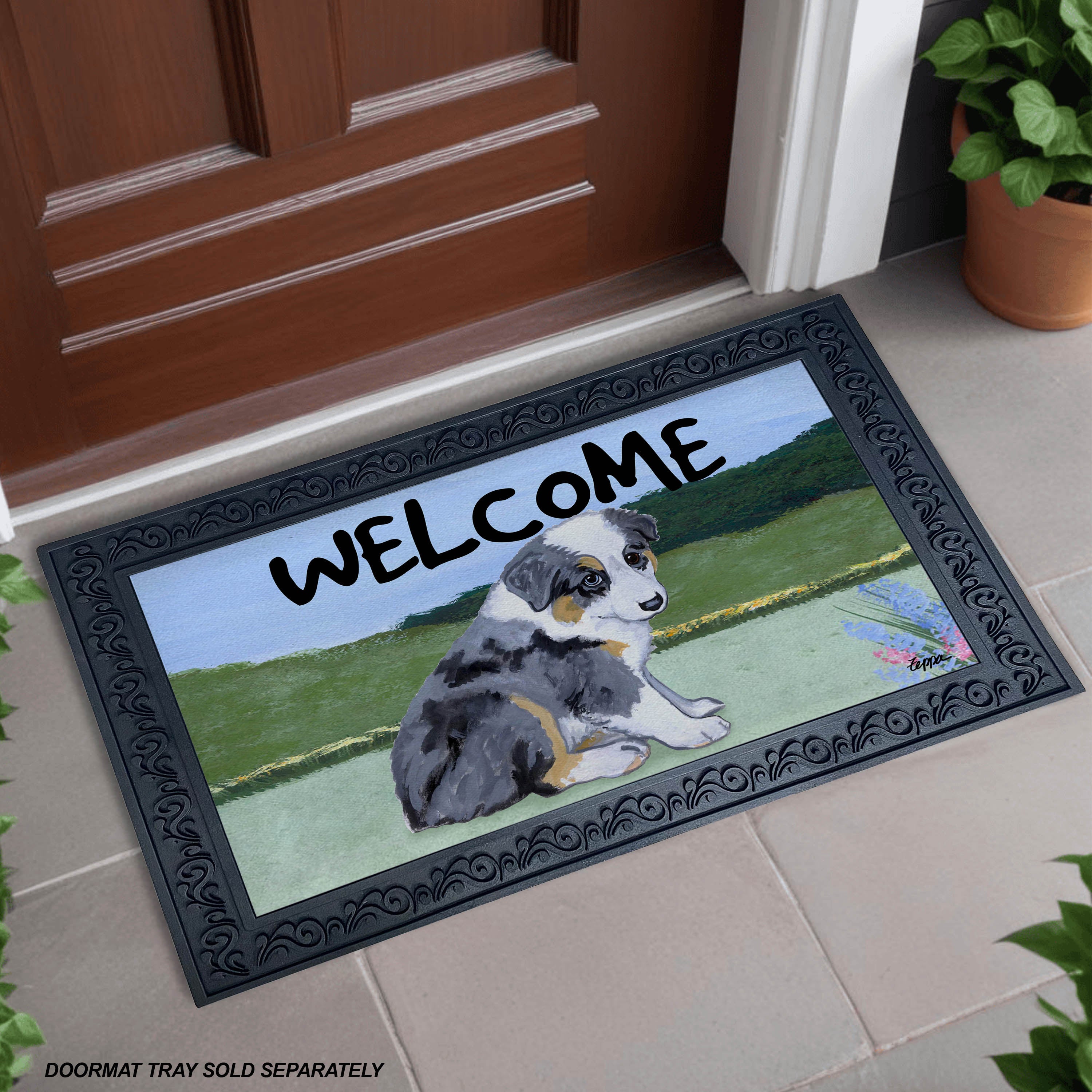 Aussie Shepherd Puppy Yard Scene Welcome Mat