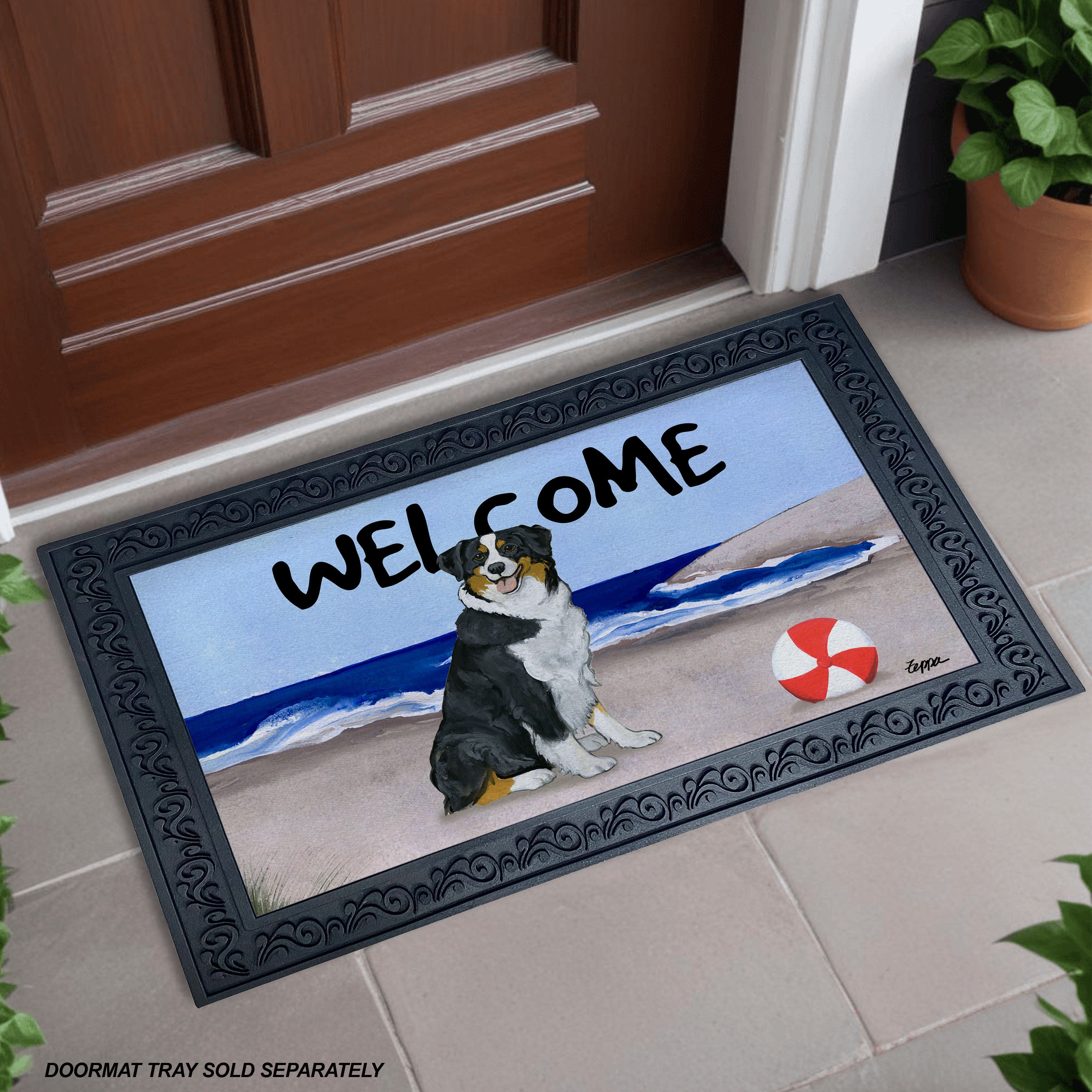 Black Tri Aussie Shepherd Beach Scene Welcome Mat