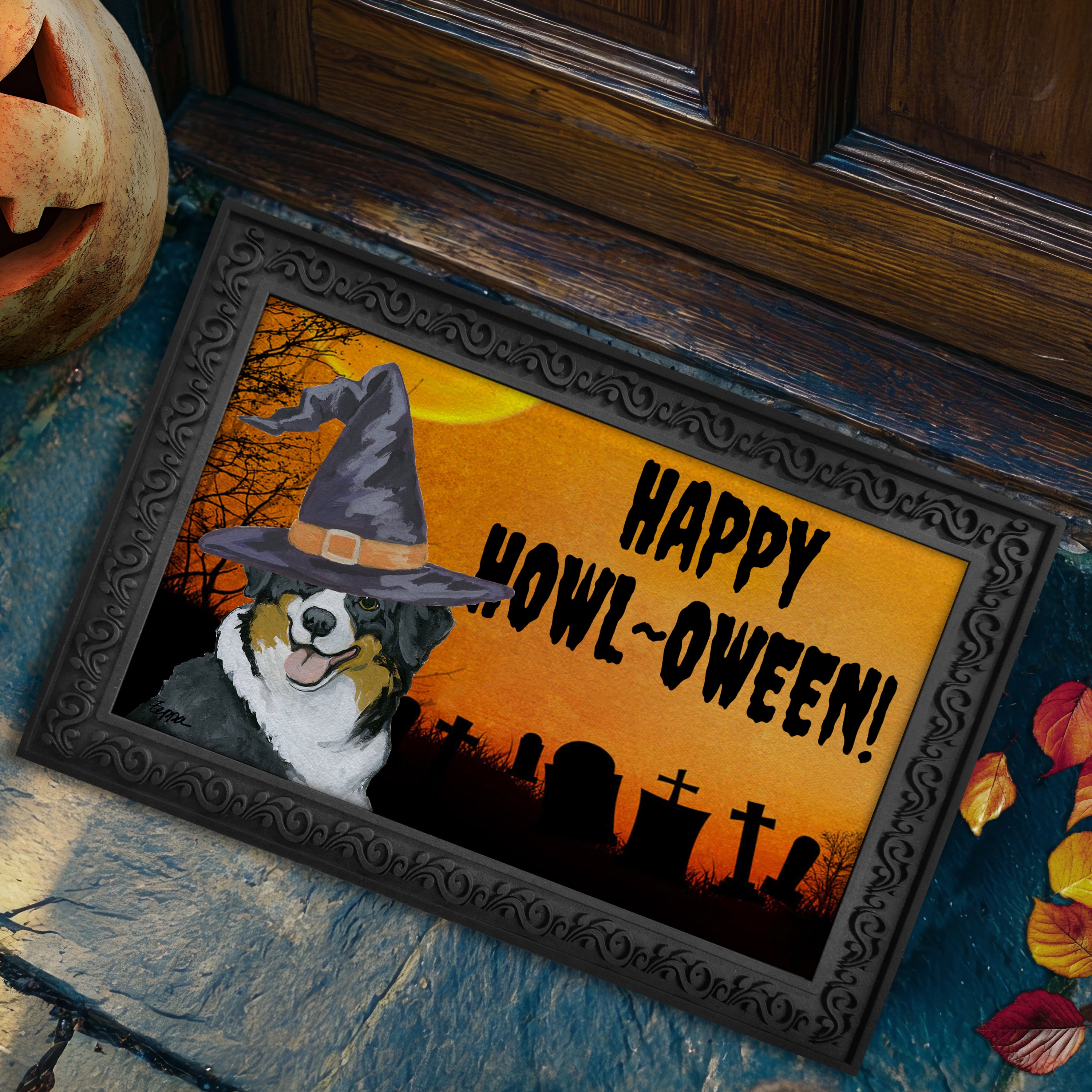 Halloween-themed doormat with a Australian Shepherd wearing a witch hat and 'Happy Howl-Oween!' text on a doorstep.