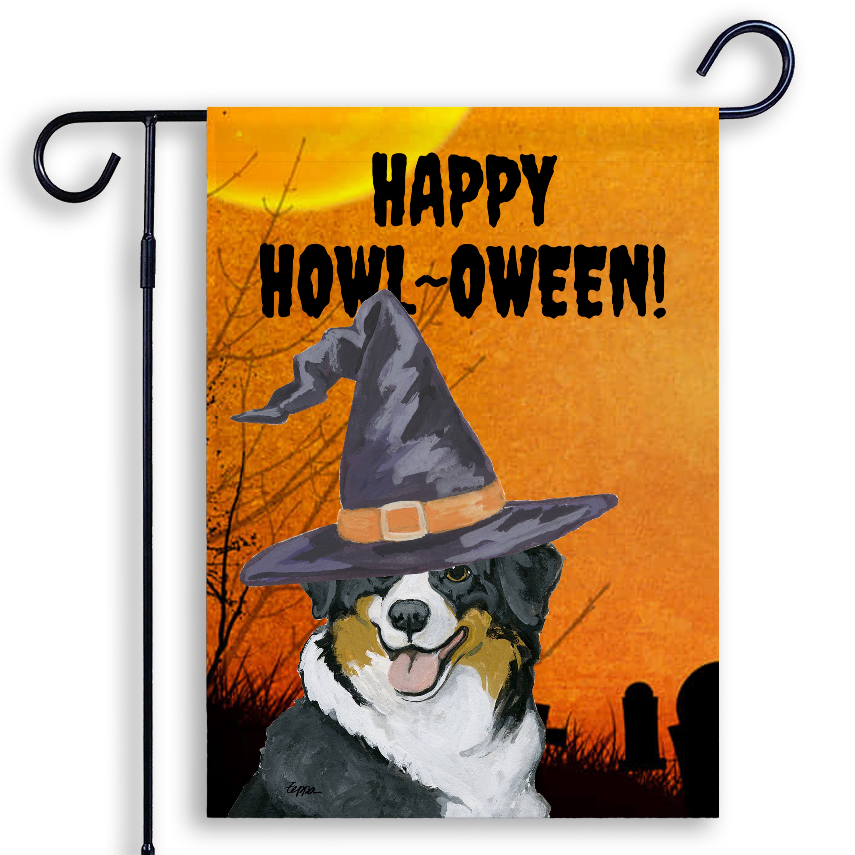 Halloween-themed garden flag with an Australian Shepherd wearing a witch hat and 'Happy Howl-Oween!' text on an orange background.