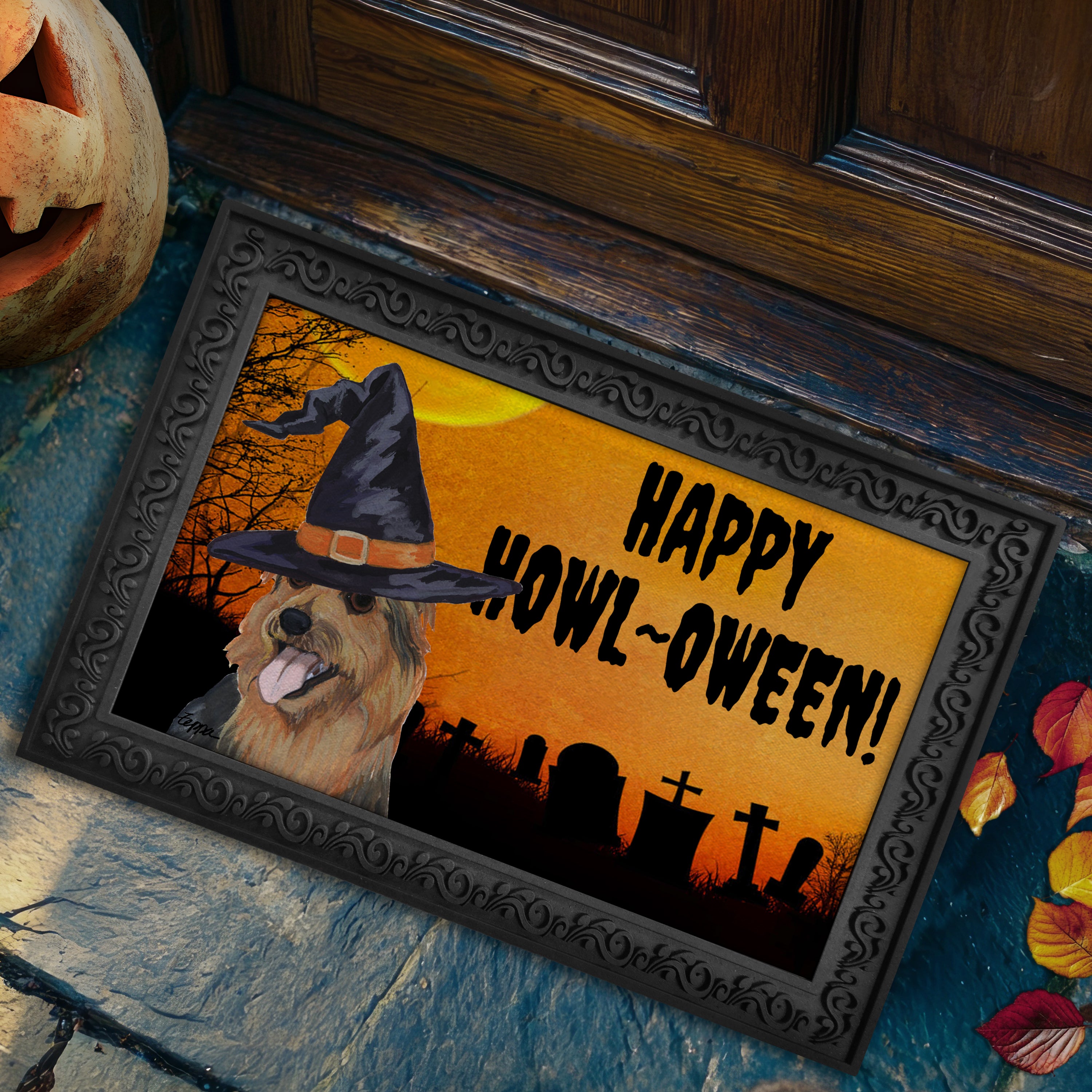 Halloween-themed doormat with a Australian Terrier wearing a witch hat and 'Happy Howl-Oween!' text on a doorstep.