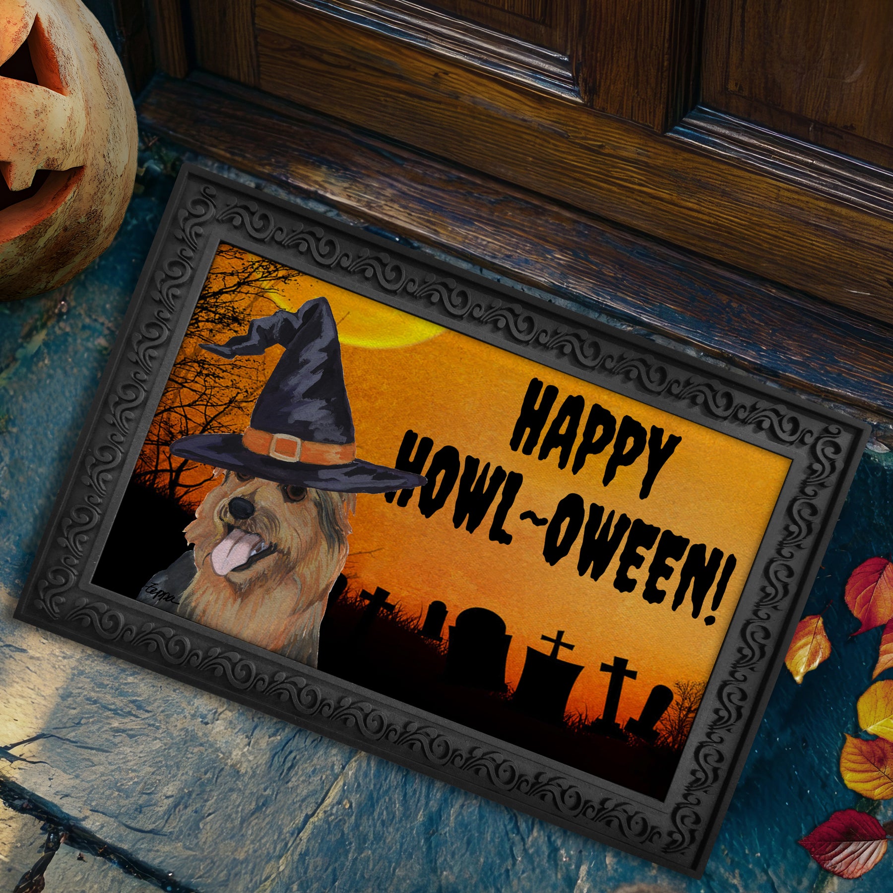 Halloween-themed doormat with a Australian Terrier wearing a witch hat and 'Happy Howl-Oween!' text on a doorstep.