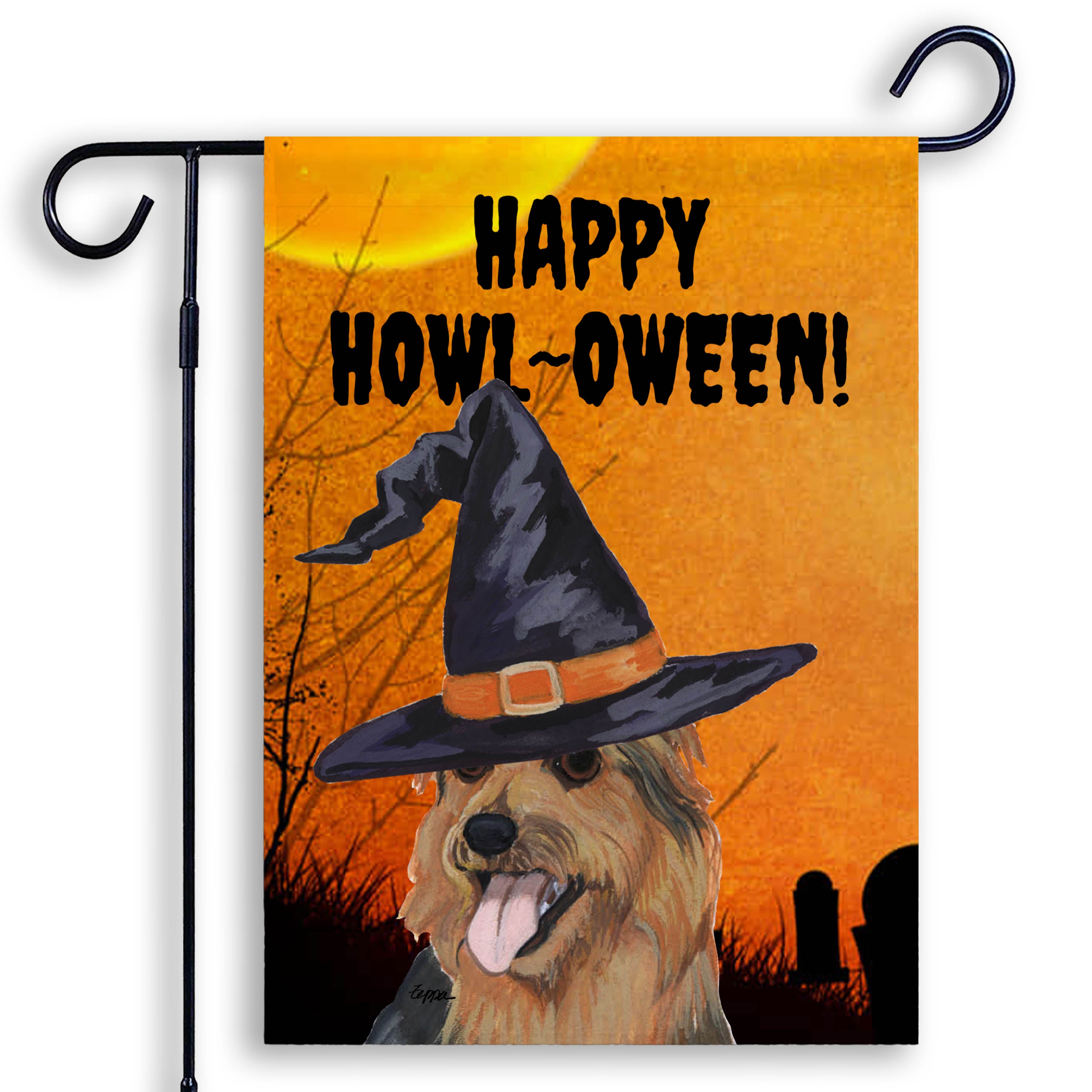 Halloween-themed garden flag with an Australian Terrier wearing a witch hat and 'Happy Howl-Oween!' text on an orange background.