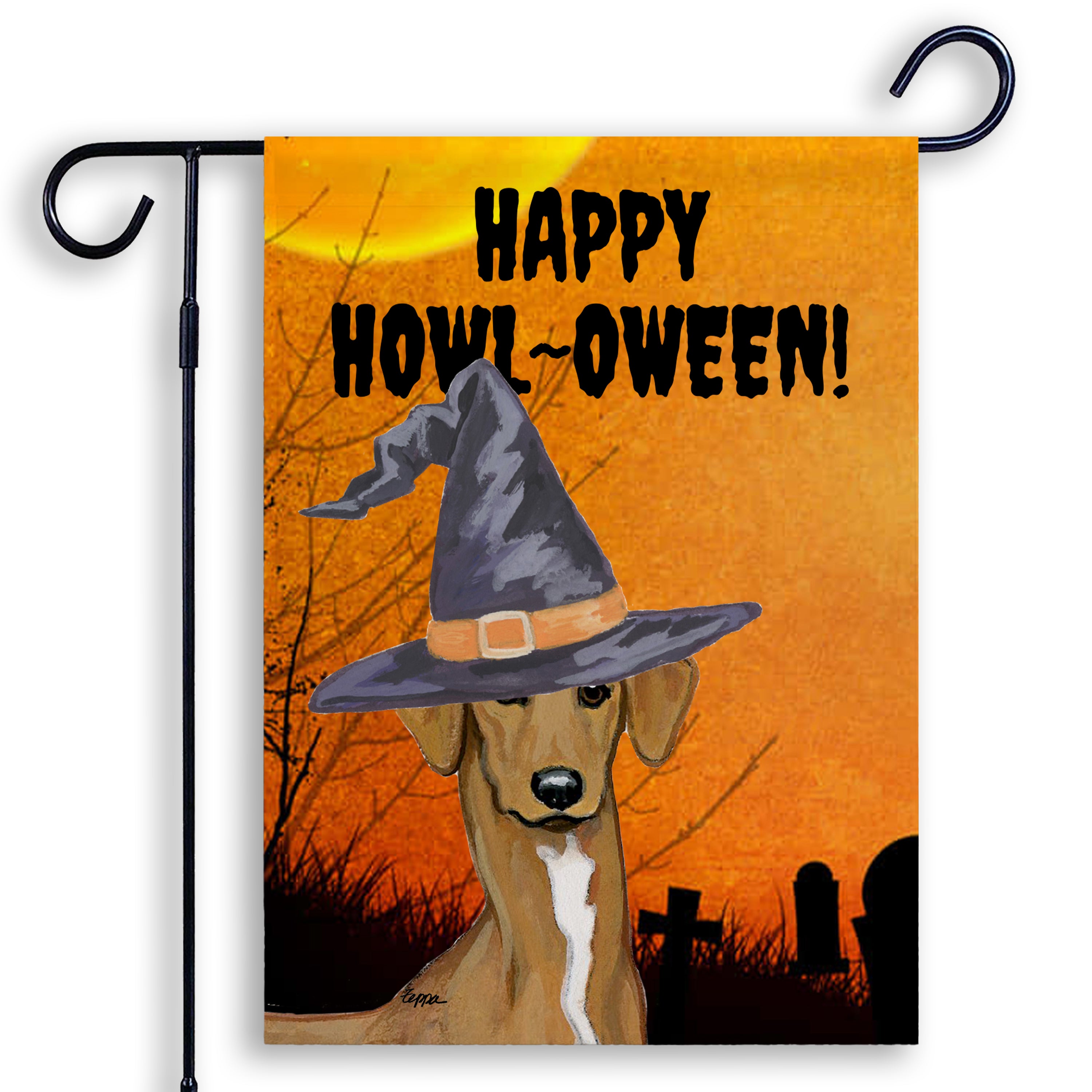 Halloween-themed garden flag with an Azawakh wearing a witch hat and 'Happy Howl-Oween!' text on an orange background.