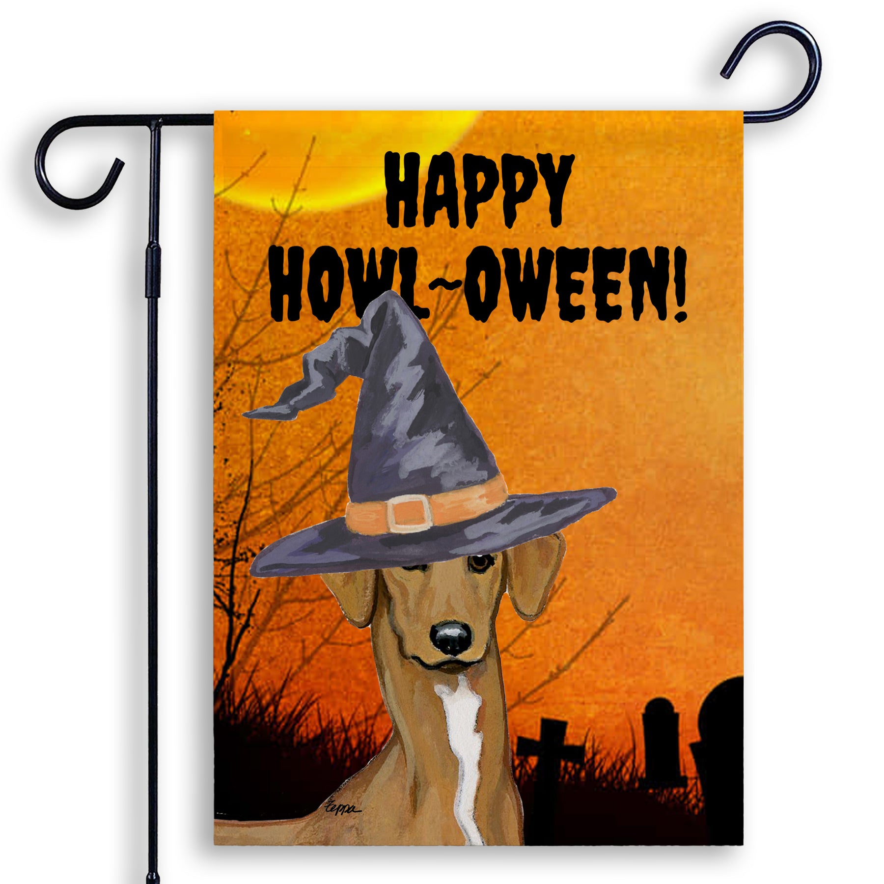 Halloween-themed garden flag with an Azawakh wearing a witch hat and 'Happy Howl-Oween!' text on an orange background.
