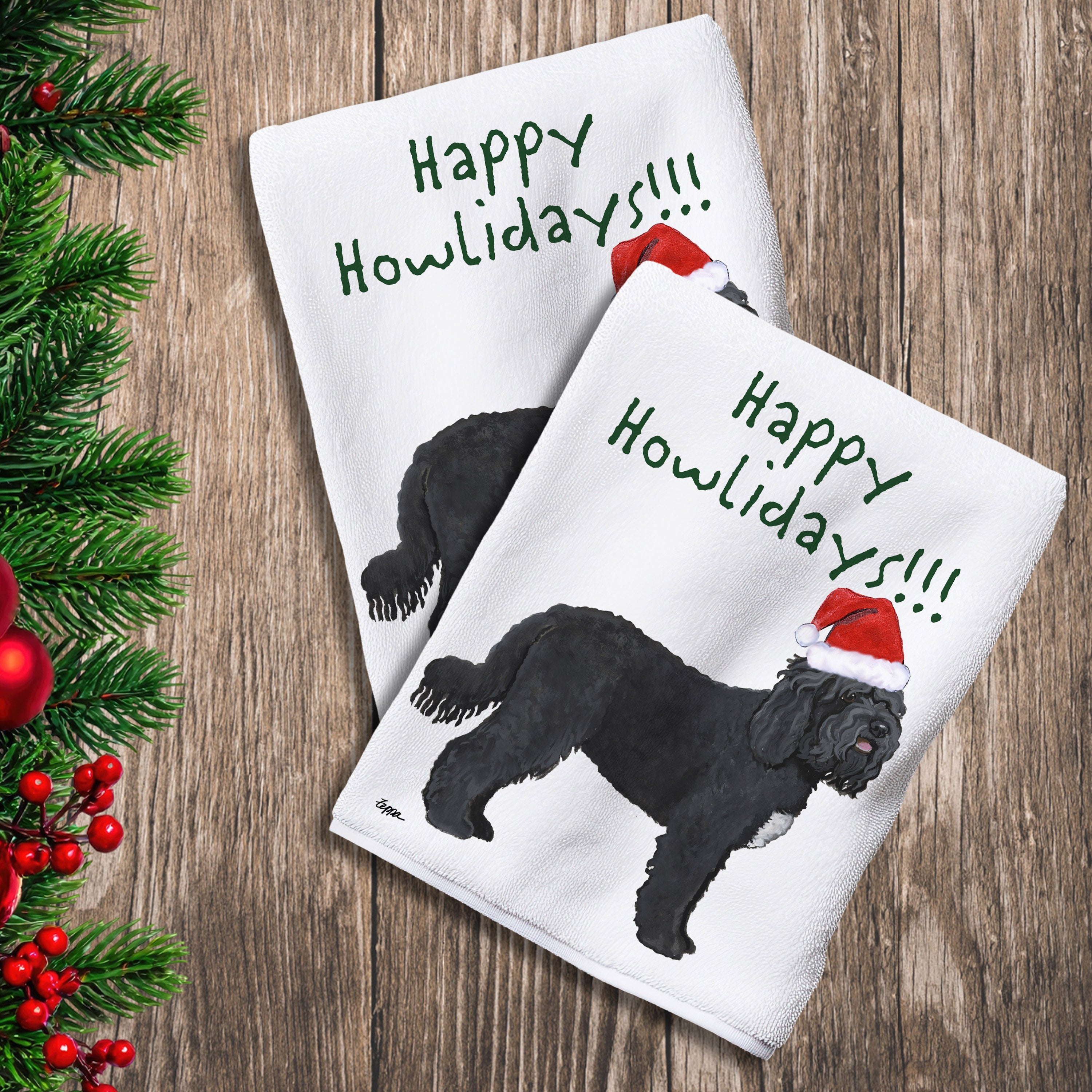 2 Kitchen Towels with a Barbet in a Santa Hat and Happy Howlidays text.