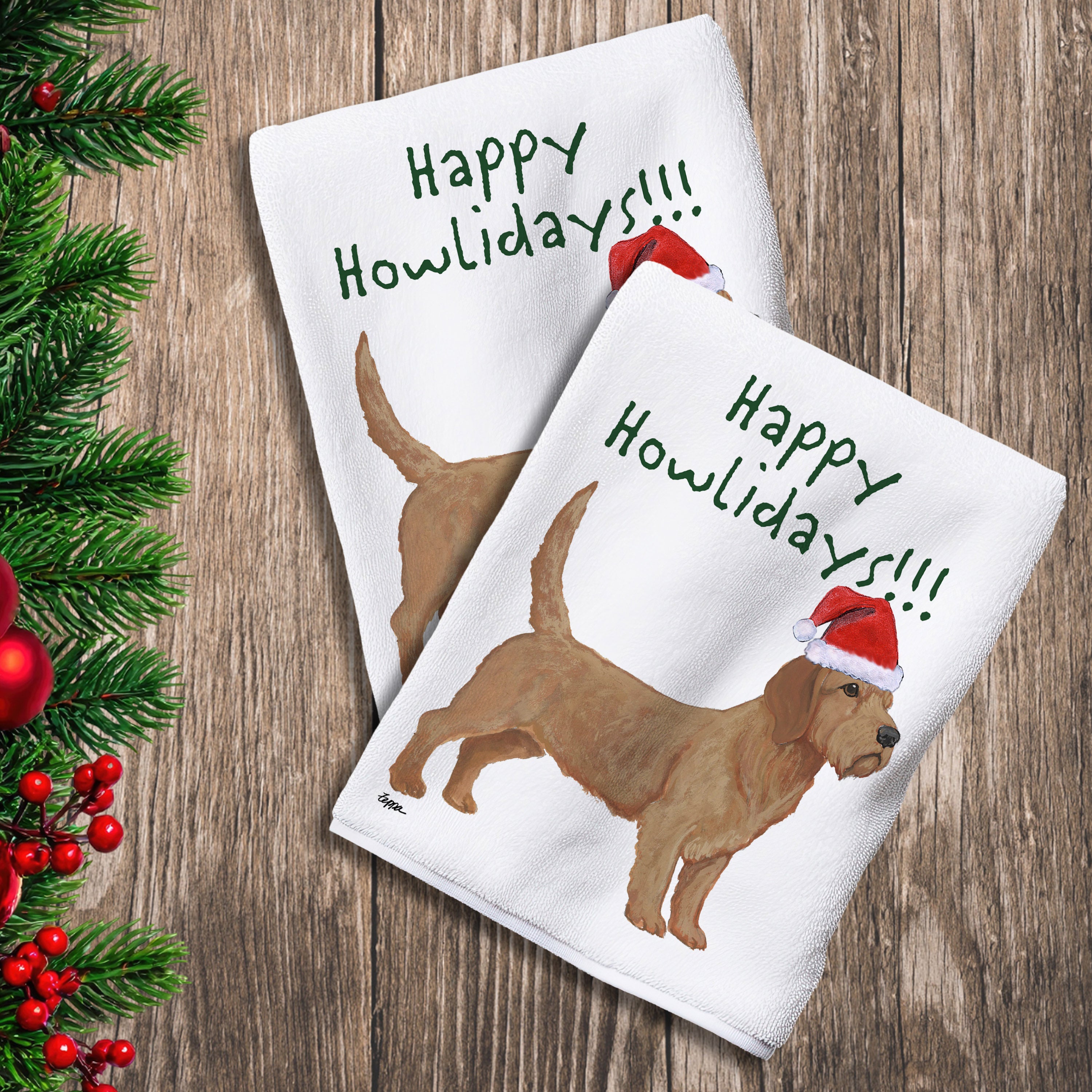 2 Kitchen Towels with a Basset Fauve de Bretagne in a Santa Hat and Happy Howlidays text.