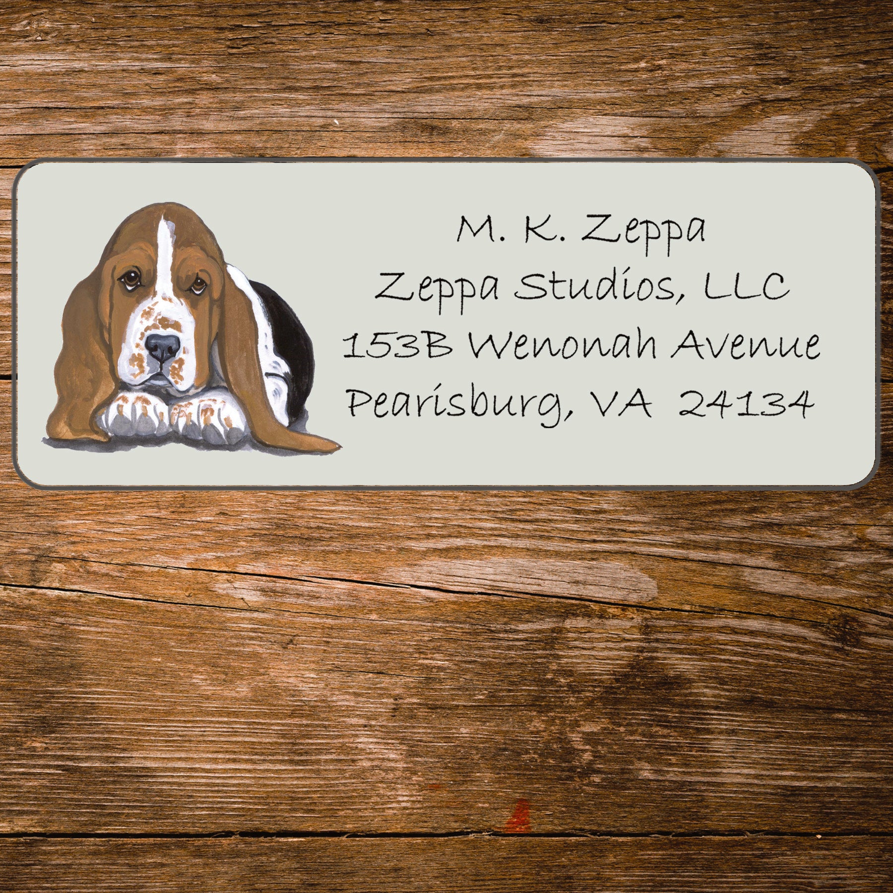 Address label with an Basset Hound Puppy illustration on a wooden background