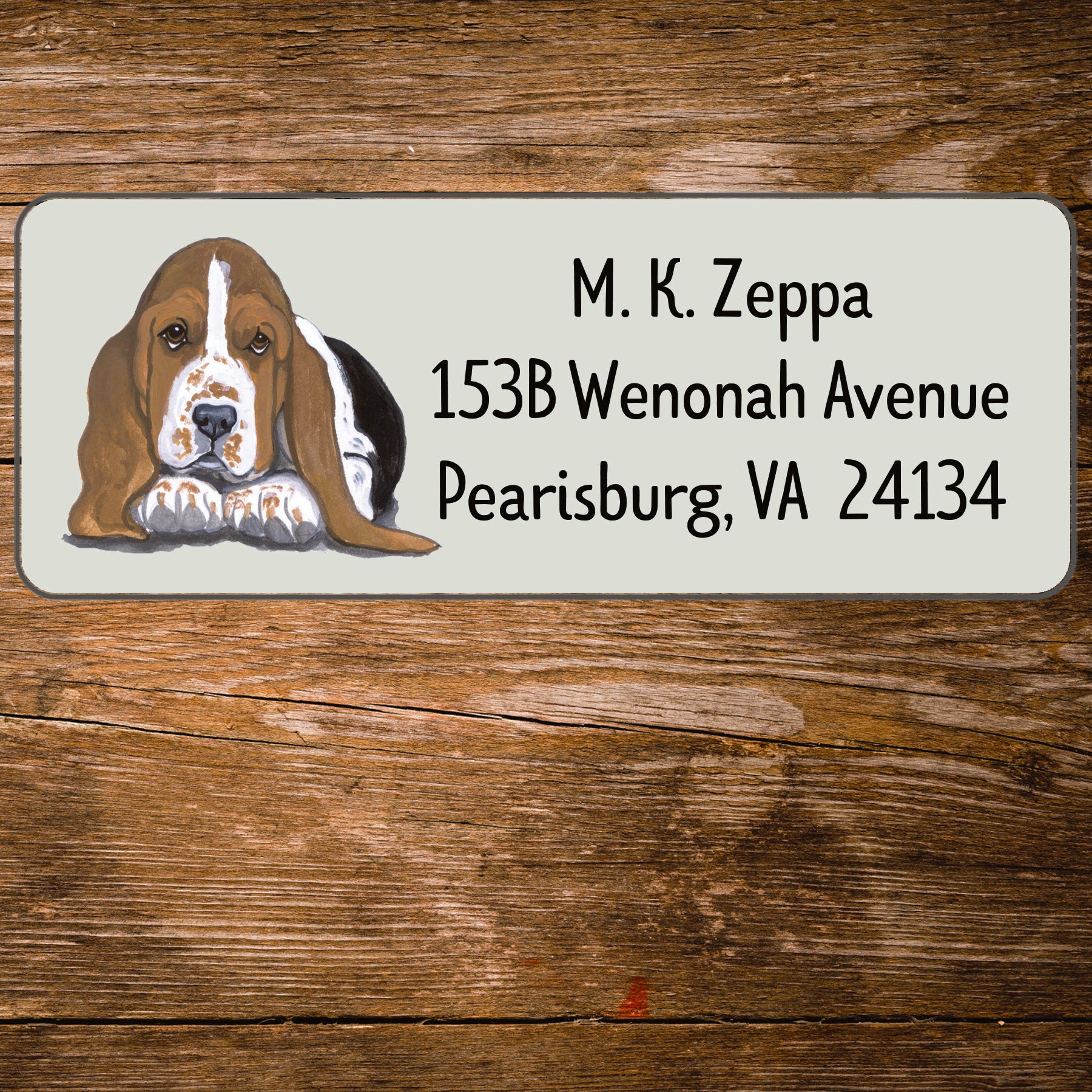 Address label with an Basset Hound Puppy illustration on a wooden background