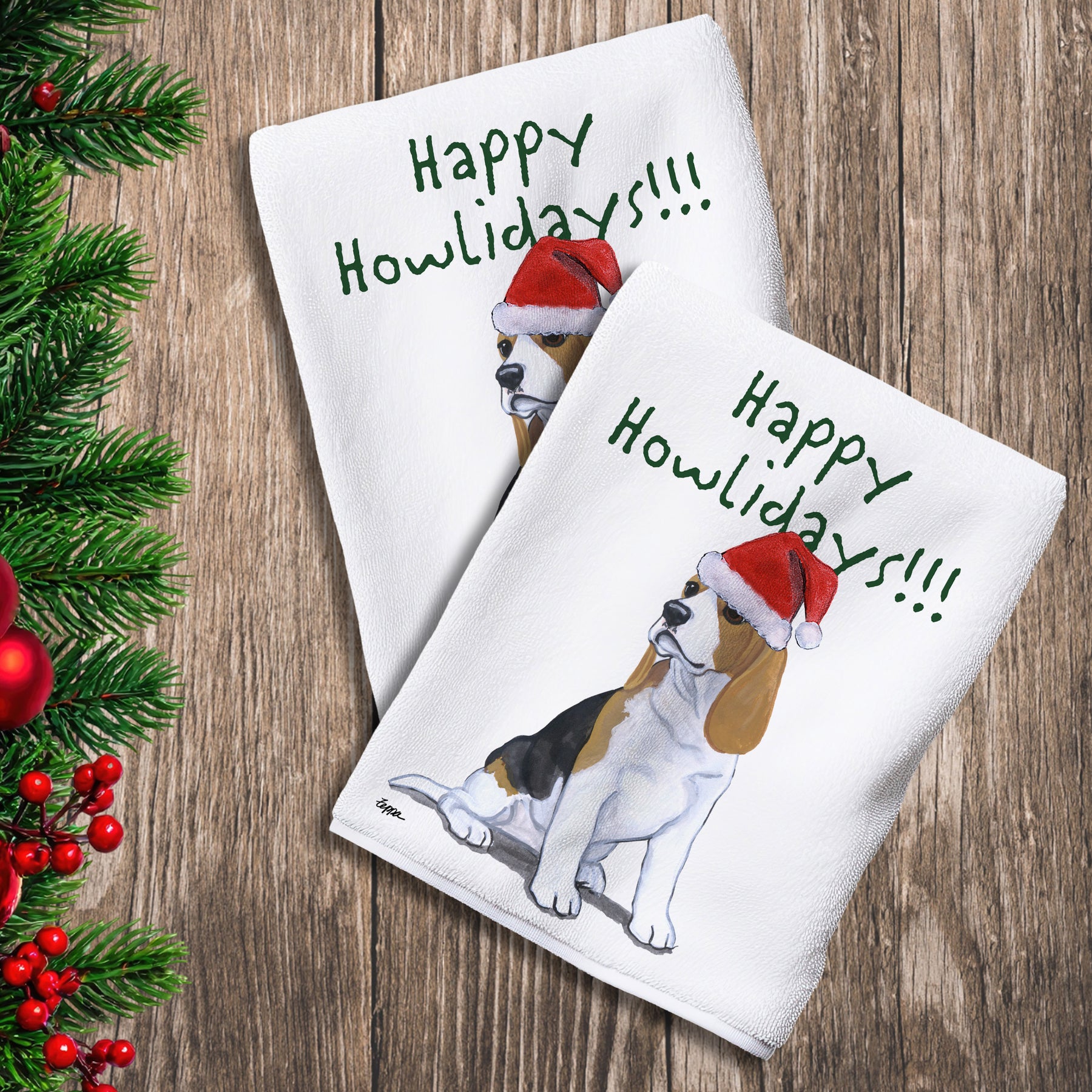 2 Kitchen Towels with a Beagle Puppy in a Santa Hat and Happy Howlidays text.