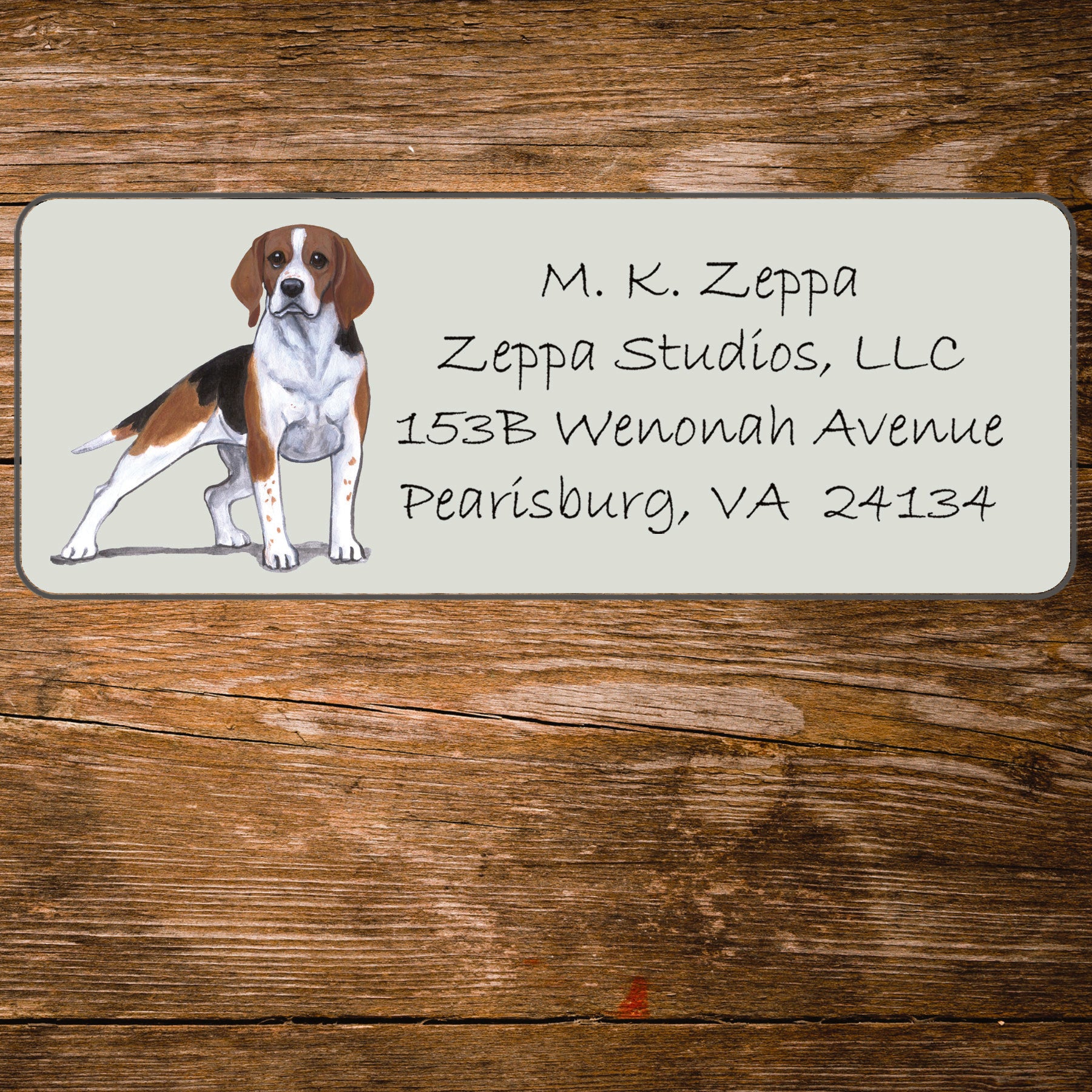 Return address label with a Beagle illustration