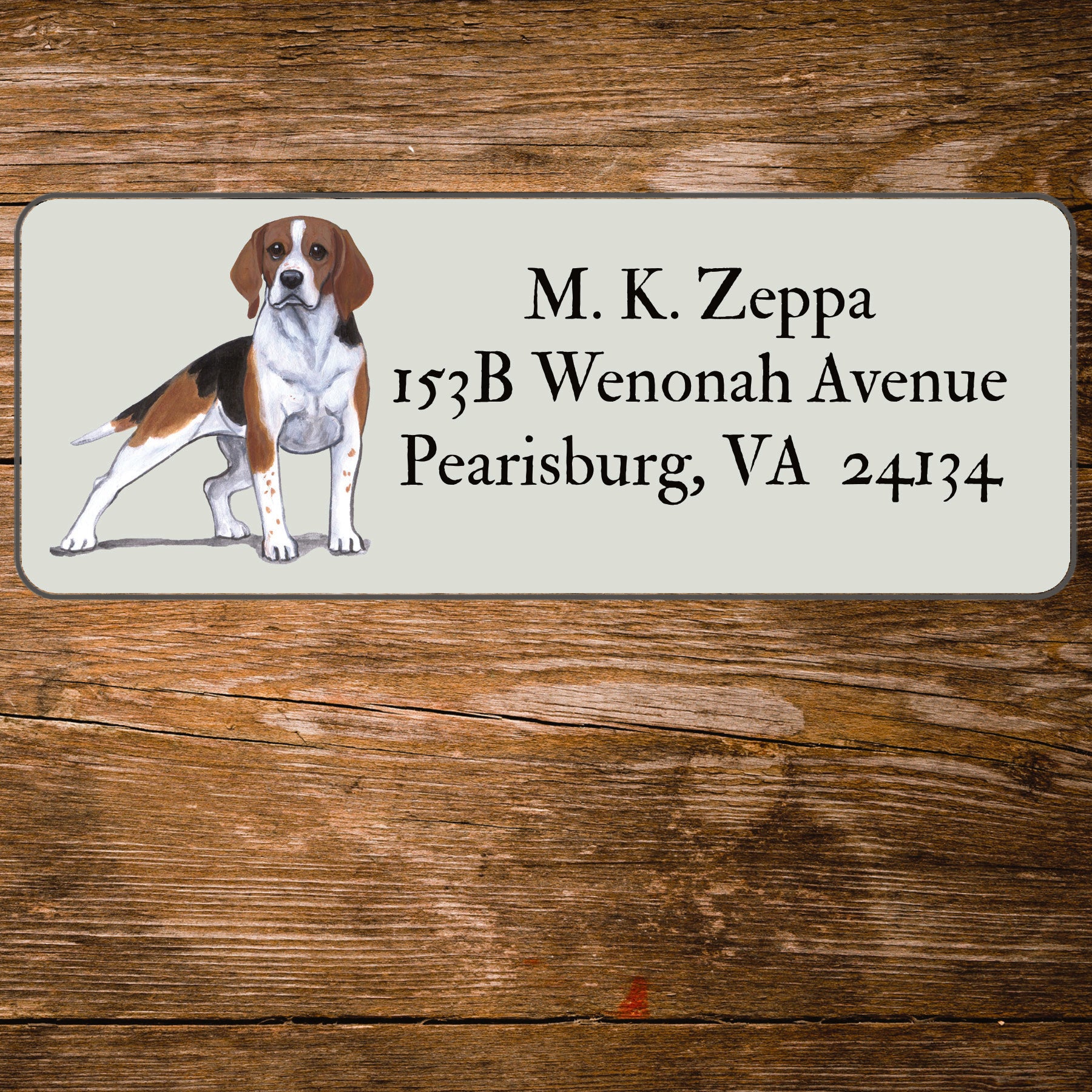 Return address label with a Beagle illustration