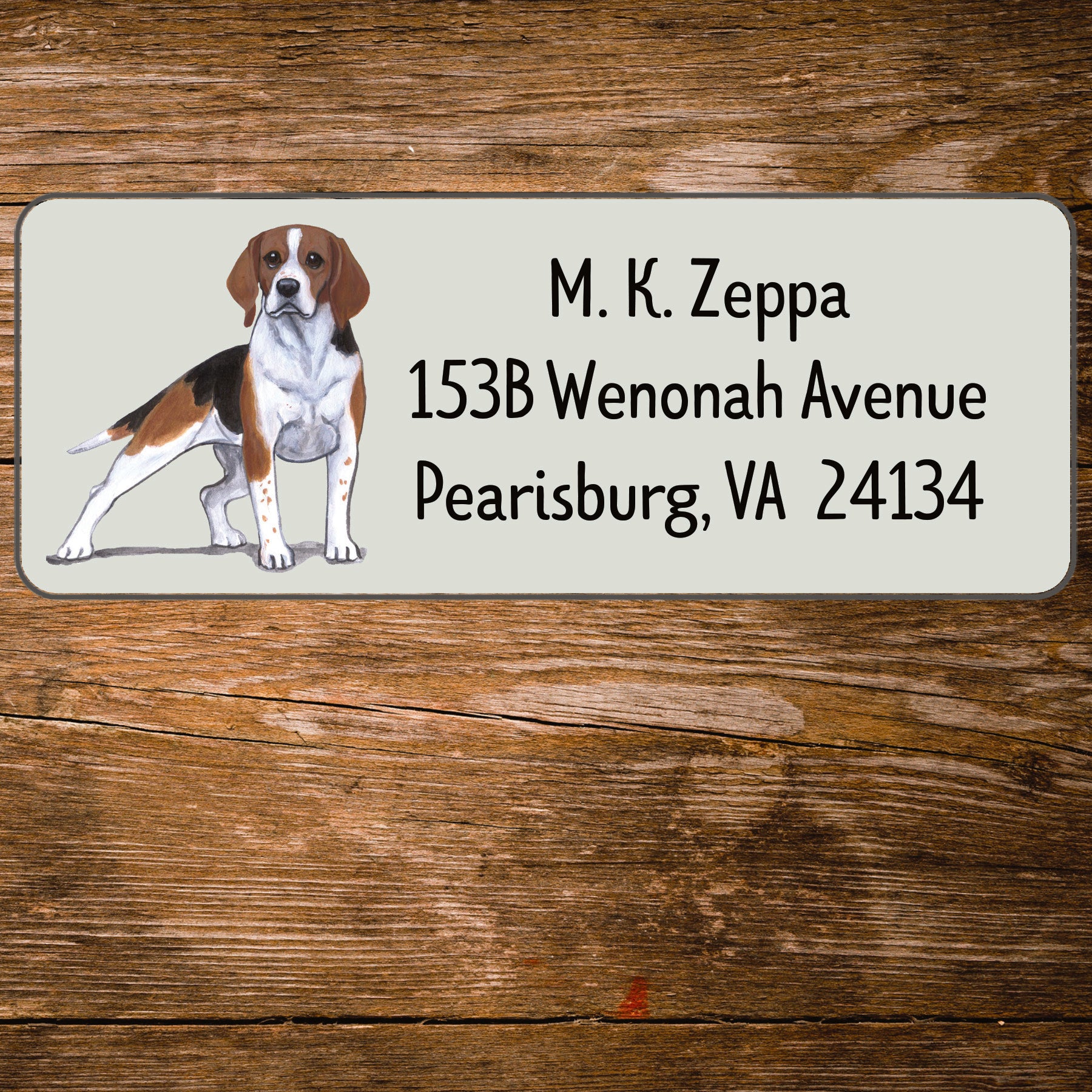 Return address label with a Beagle illustration