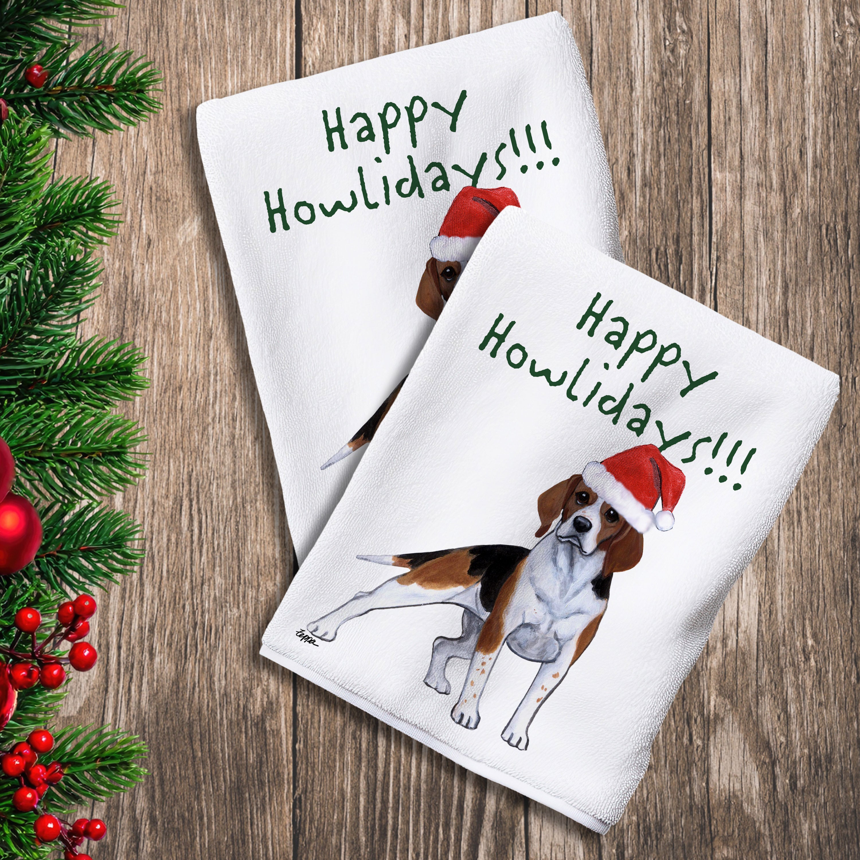 2 Kitchen Towels with a Beagle in a Santa Hat and Happy Howlidays text.
