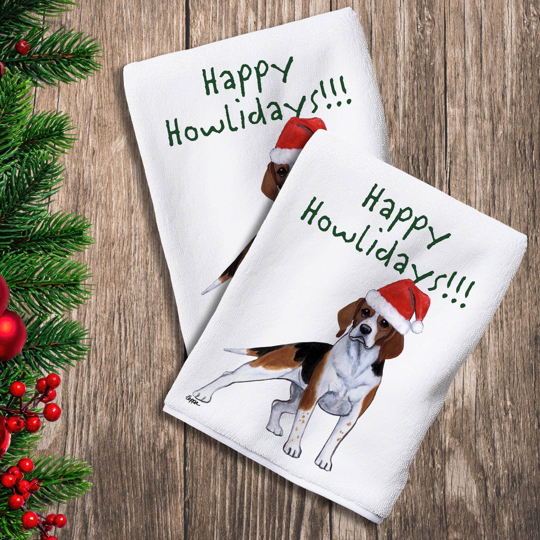 2 Kitchen Towels with a Beagle in a Santa Hat and Happy Howlidays text.