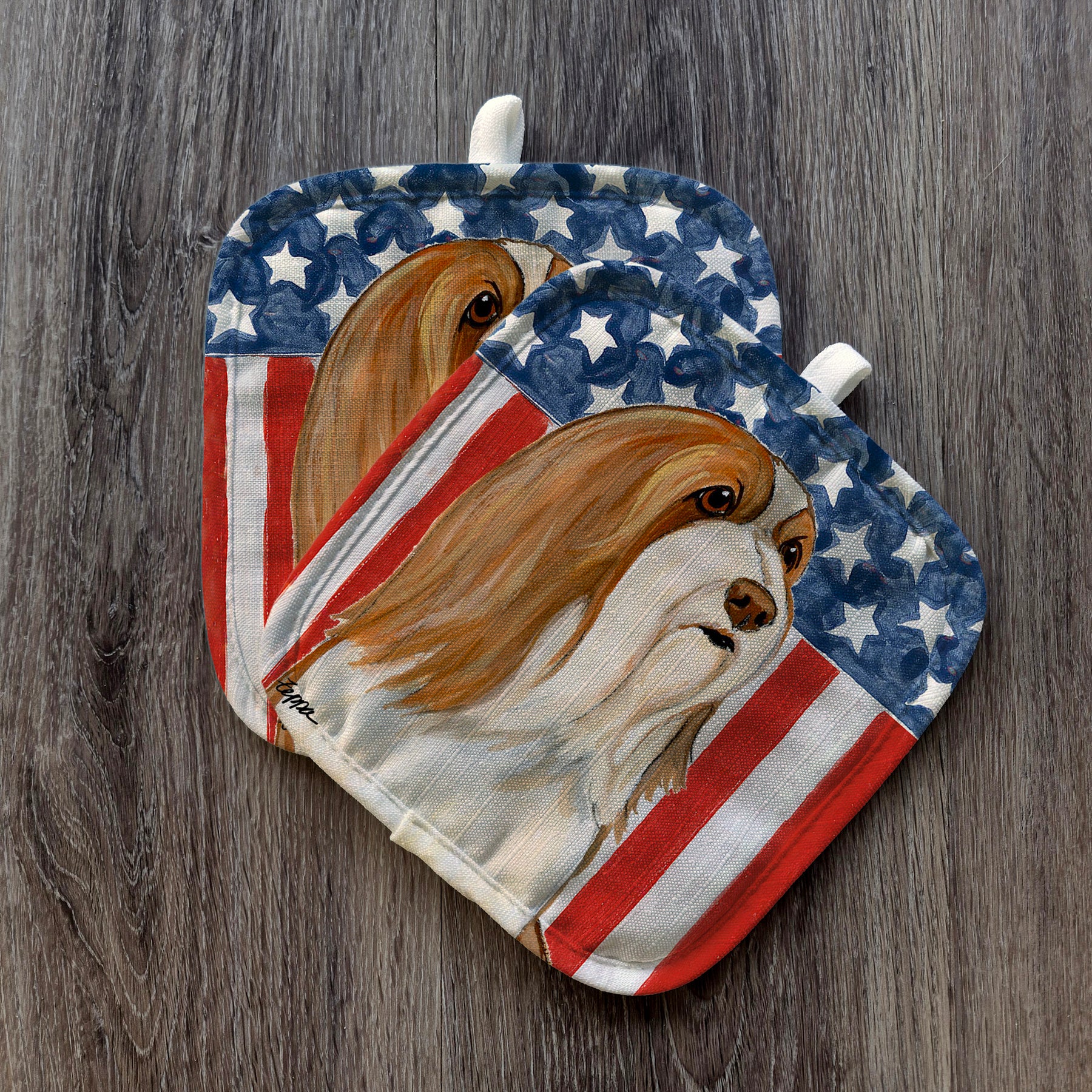 Brown and White Bearded Collie Americana Pot Holder Set