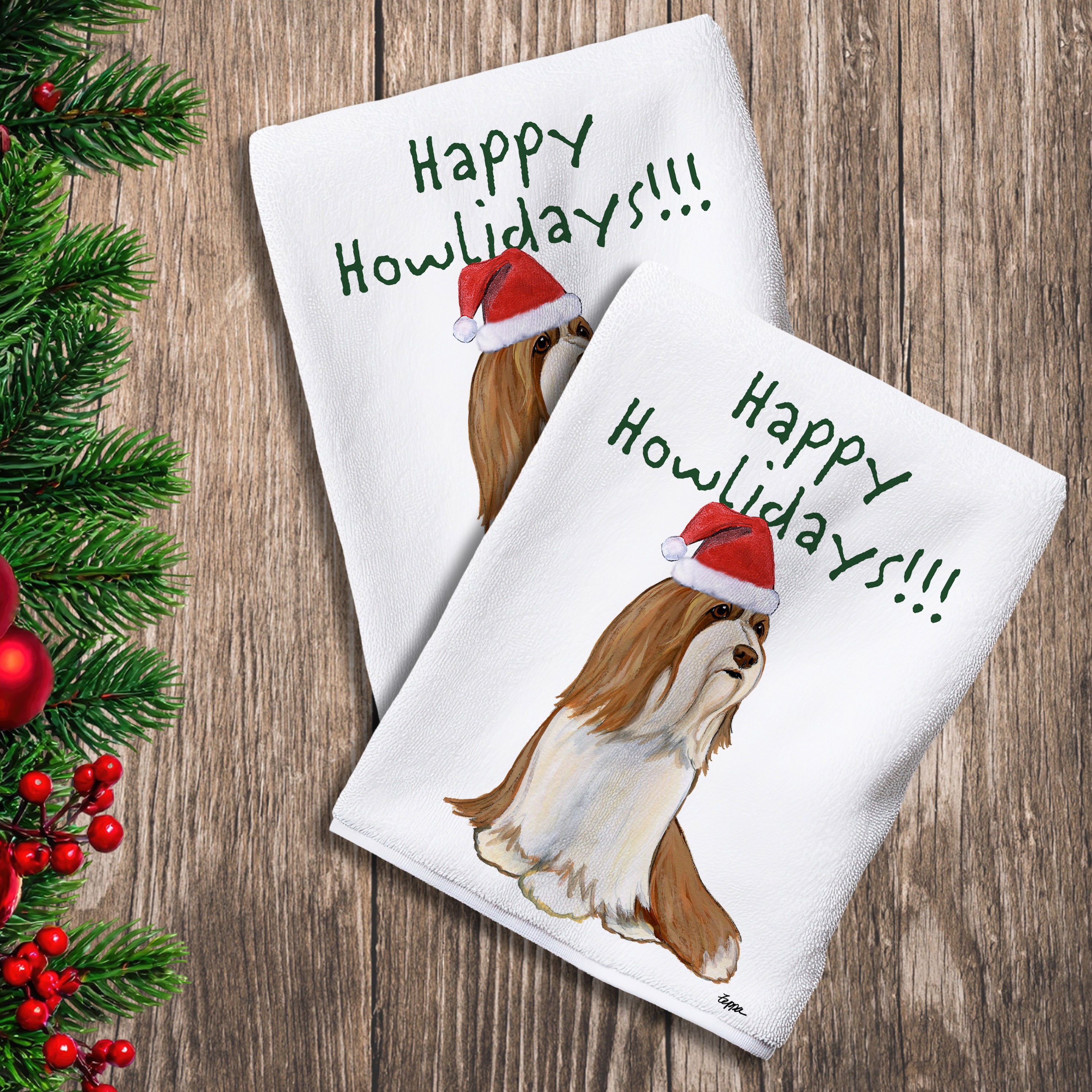 2 Kitchen Towels with a brown and white Bearded Collie in a Santa Hat and Happy Howlidays text.