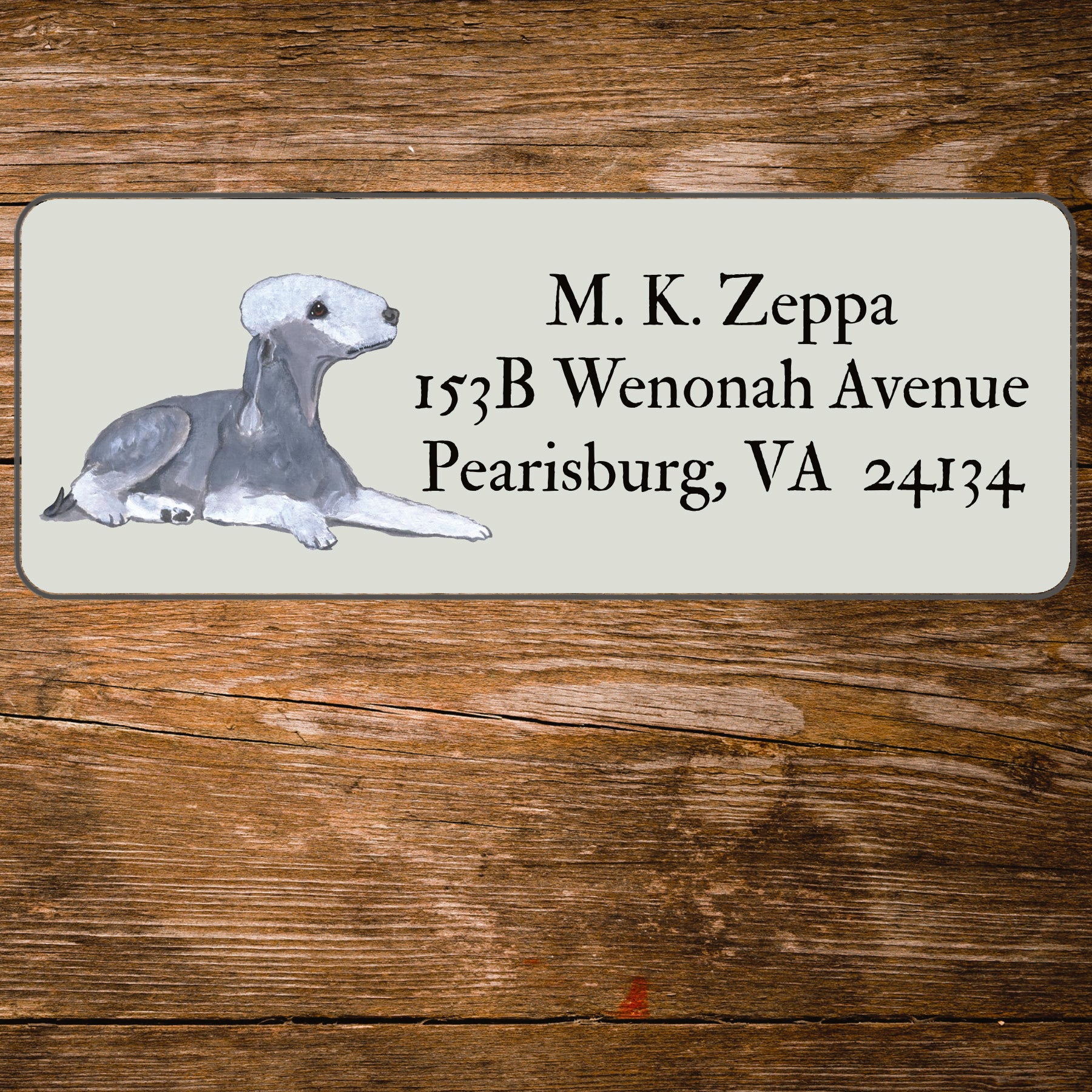 Return address label with a Bedlington Terrier illustration