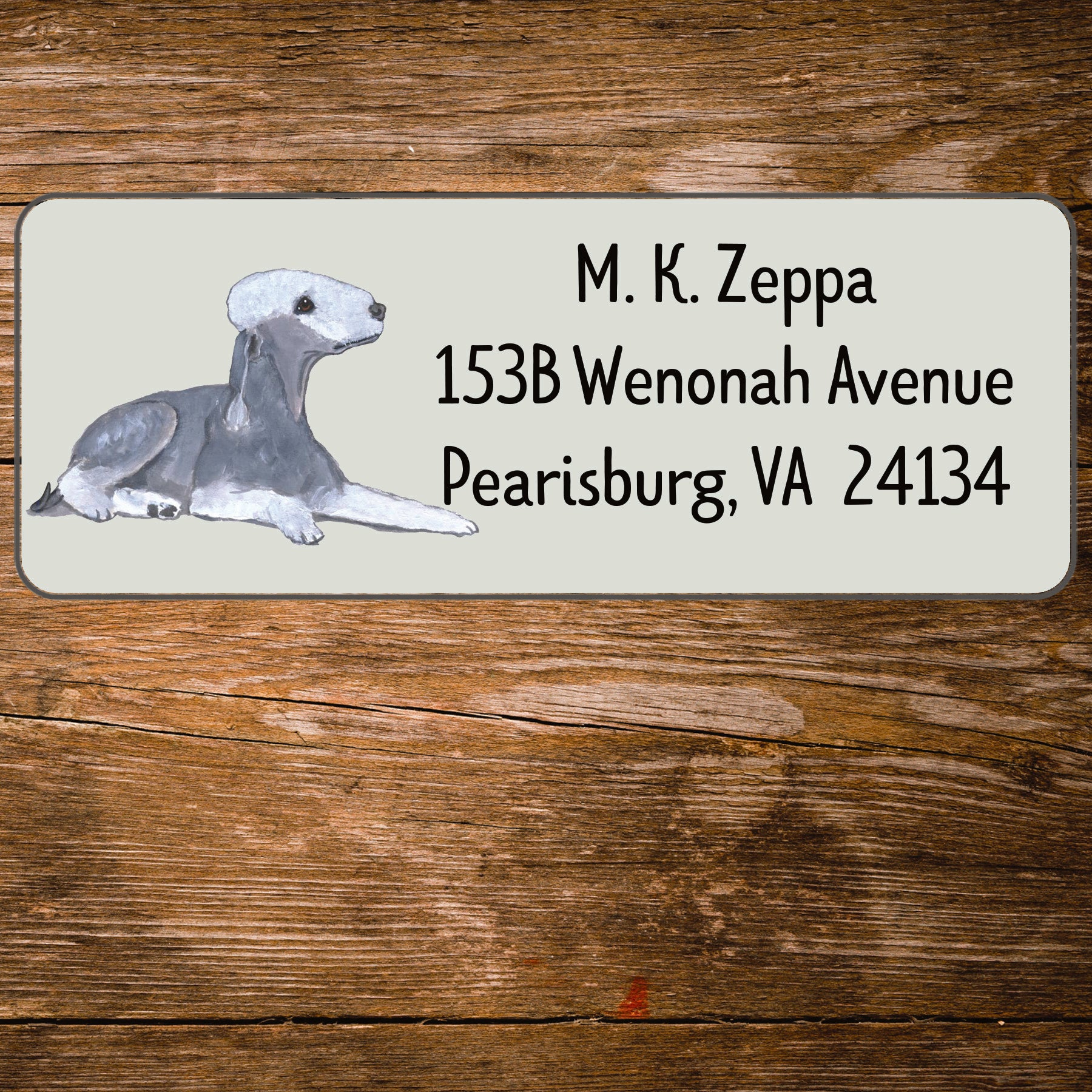 Return address label with a Bedlington Terrier illustration