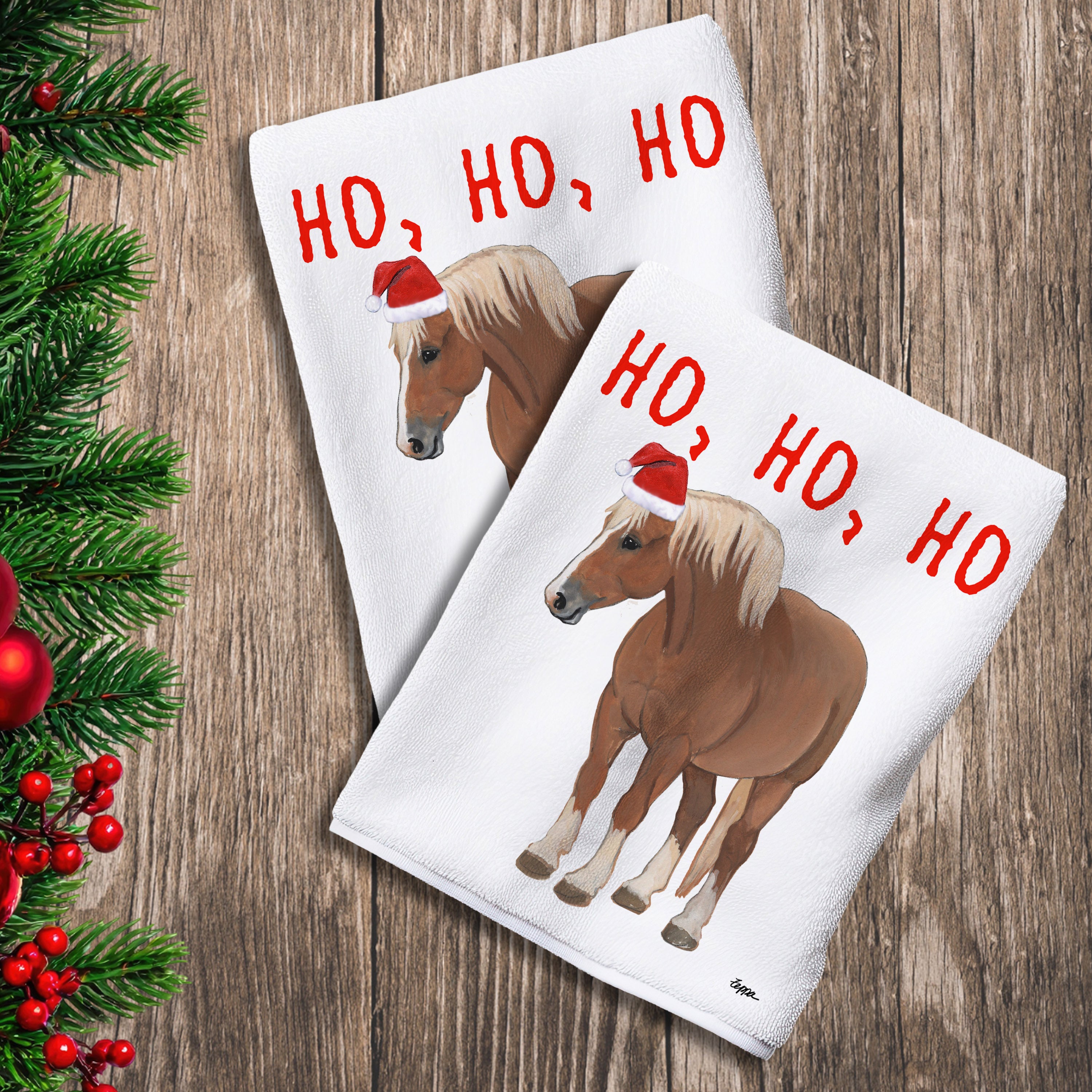 2 Kitchen Towels with a Belgian horse in a Santa Hat and Ho Ho Ho text.