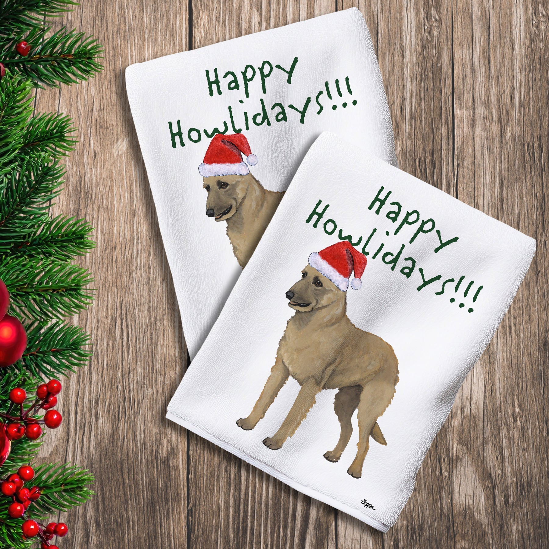 2 Kitchen Towels with a Belgian Laekenois in a Santa Hat and Happy Howlidays text.