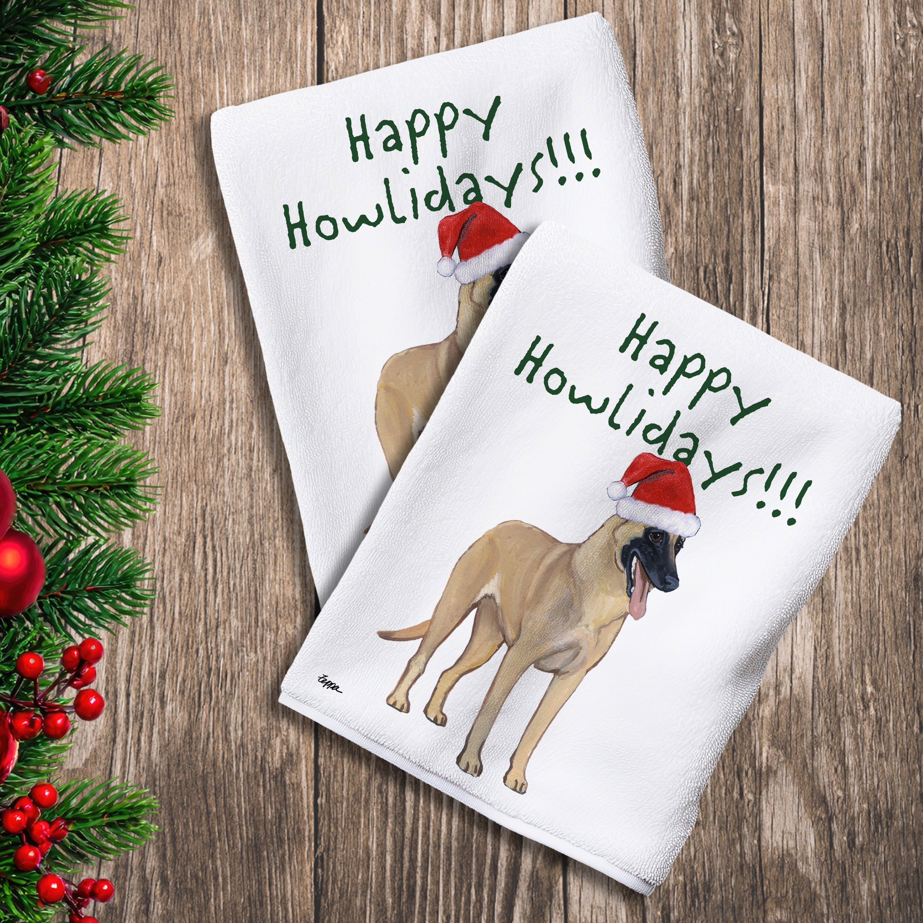 2 Kitchen Towels with a Belgian Malinois in a Santa Hat and Happy Howlidays text.