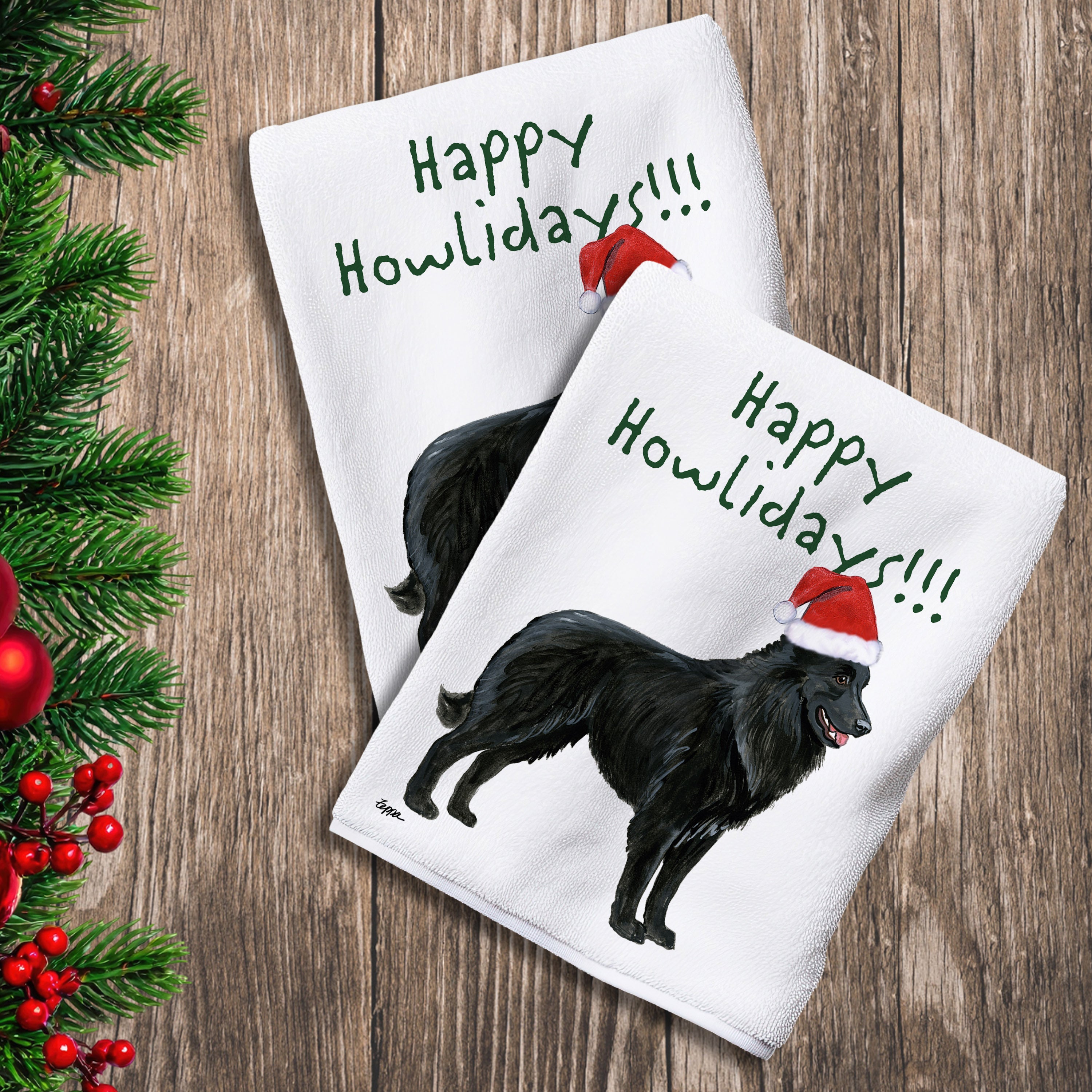 2 Kitchen Towels with a Belgian Shepherd in a Santa Hat and Happy Howlidays text.