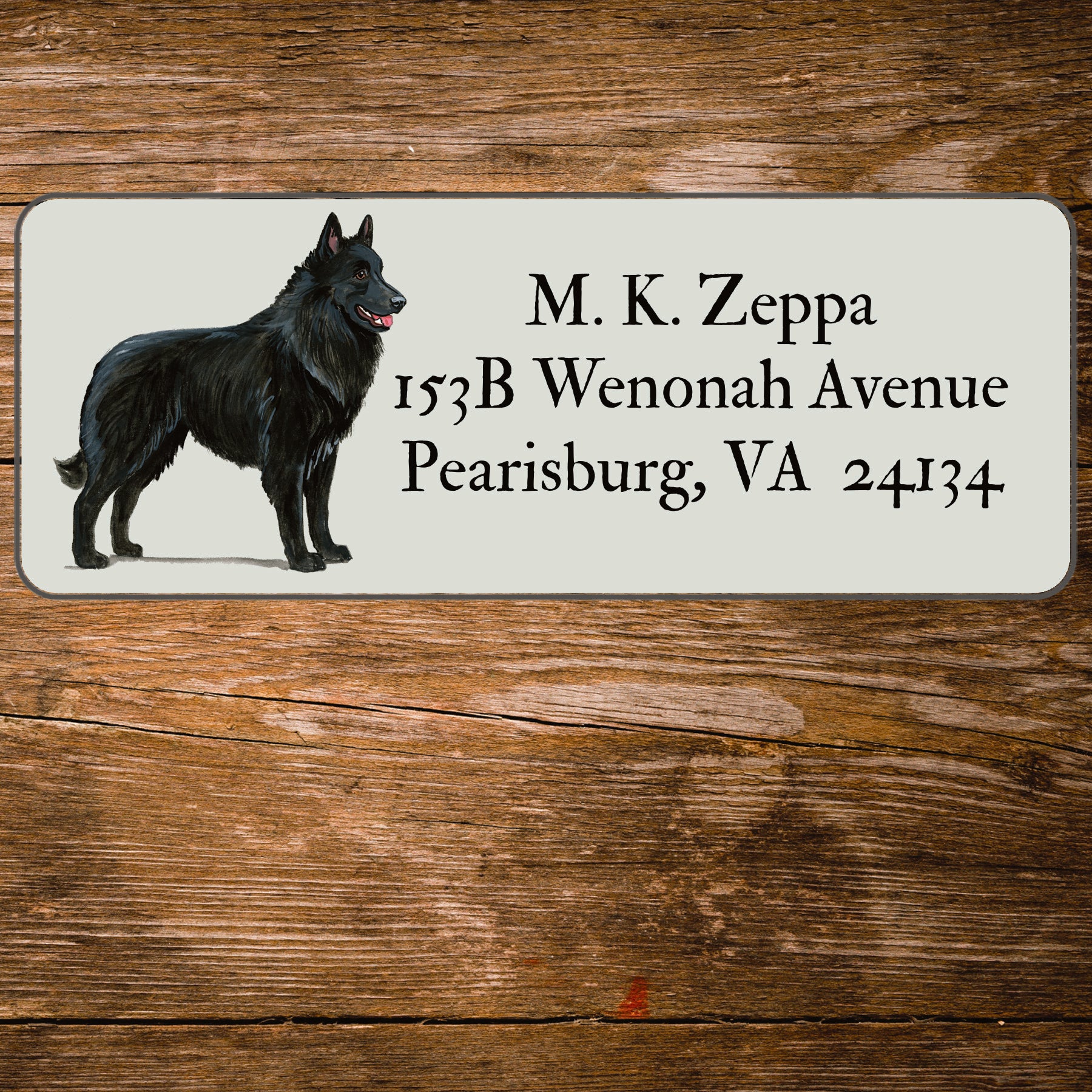 Return address label with a Belgian Shepherd illustration