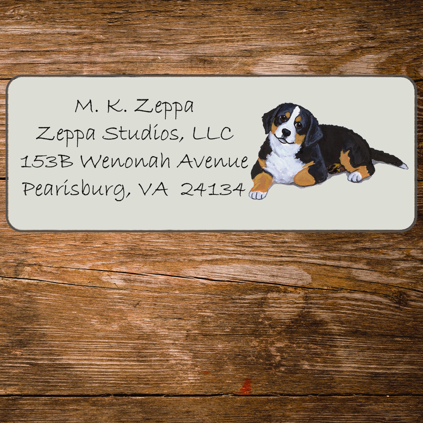 Return address label with Bernese Mtn Dog Puppy illustration.