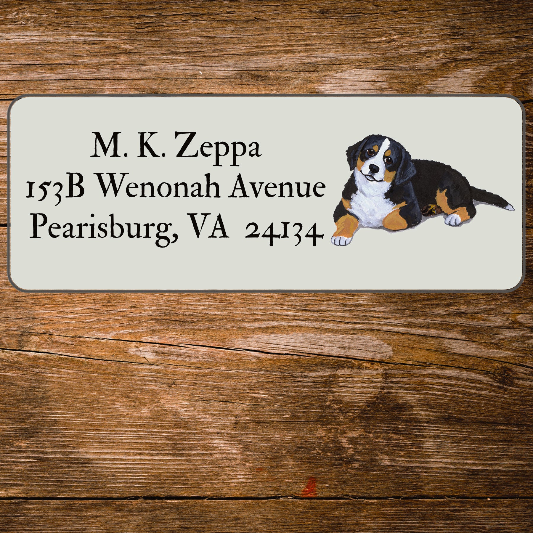 Return address label with Bernese Mtn Dog Puppy illustration.