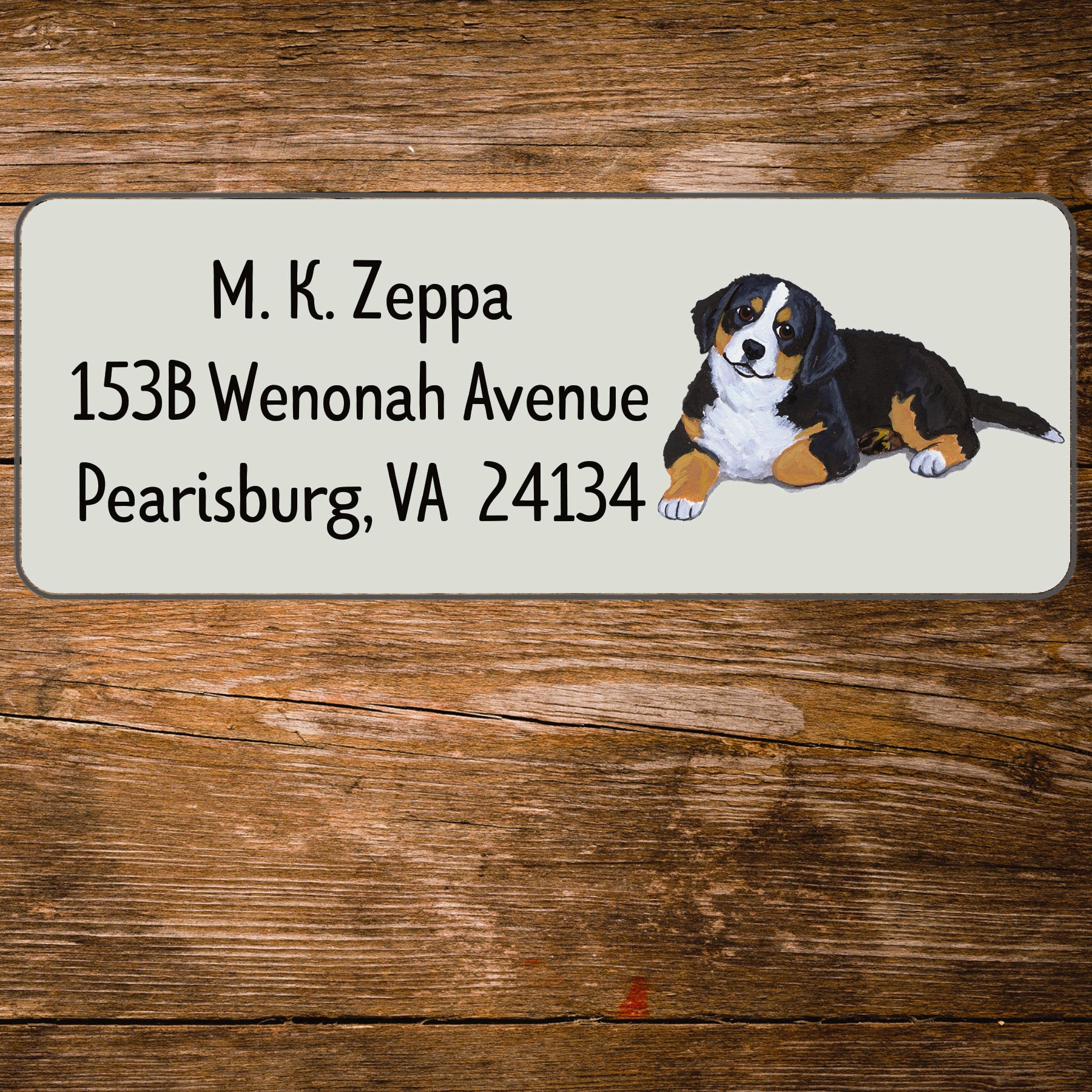 Return address label with Bernese Mtn Dog Puppy illustration.