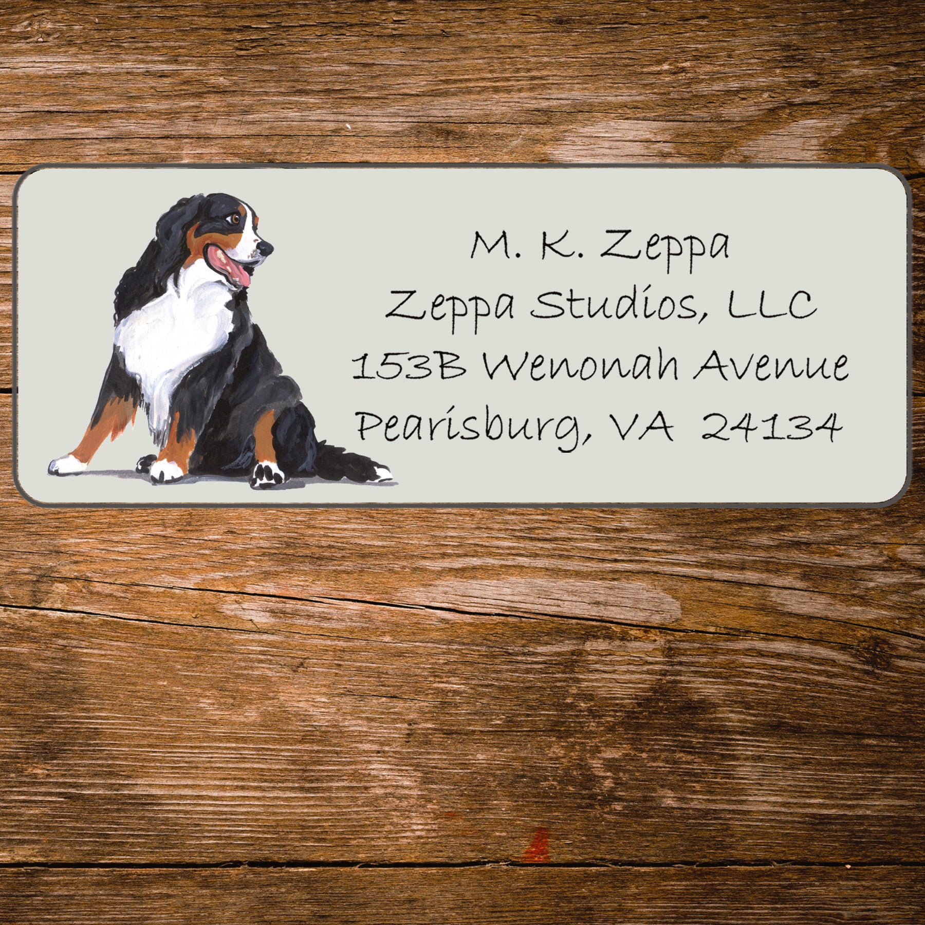 Return address label with Bernese Mtn Dog illustration.