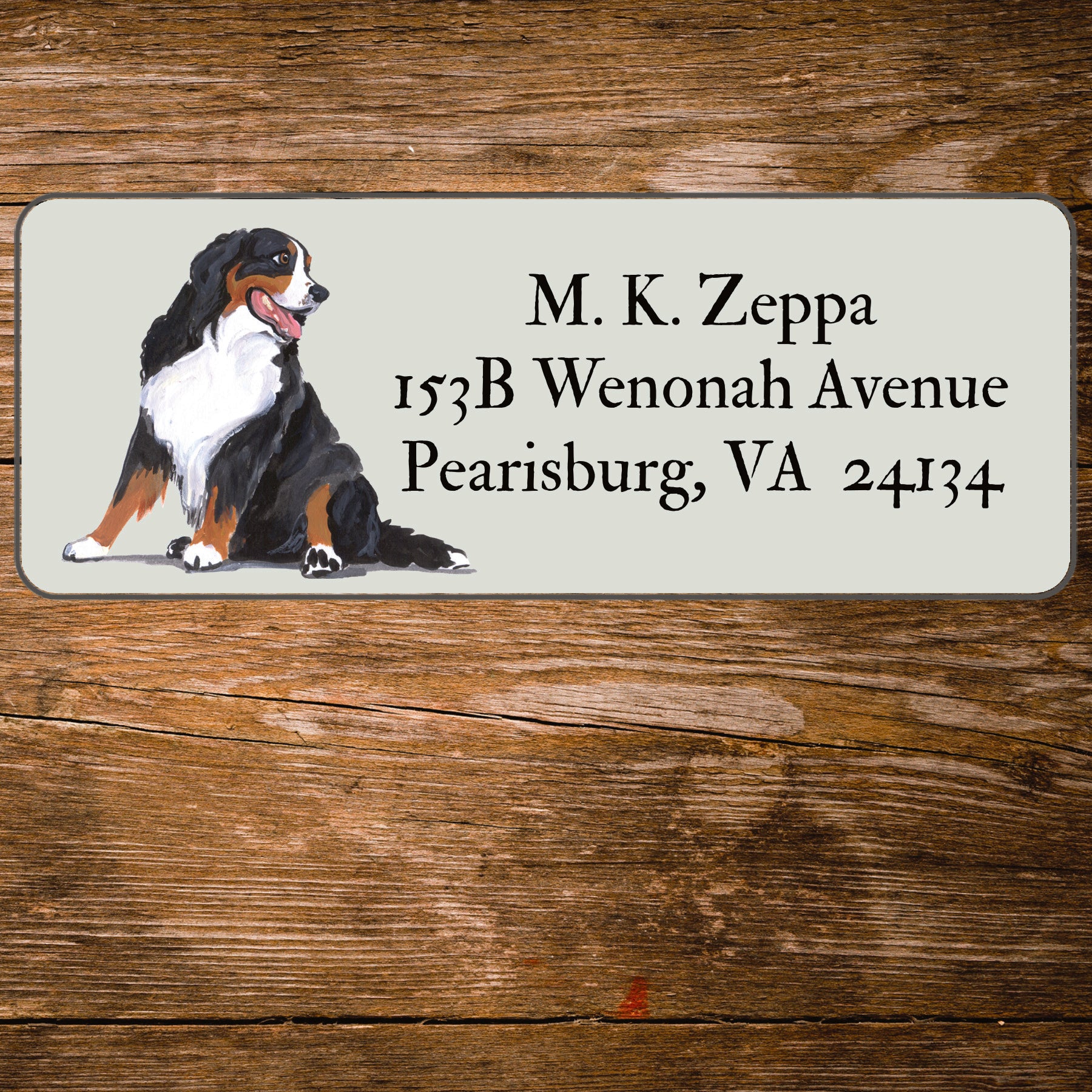 Return address label with Bernese Mtn Dog illustration.