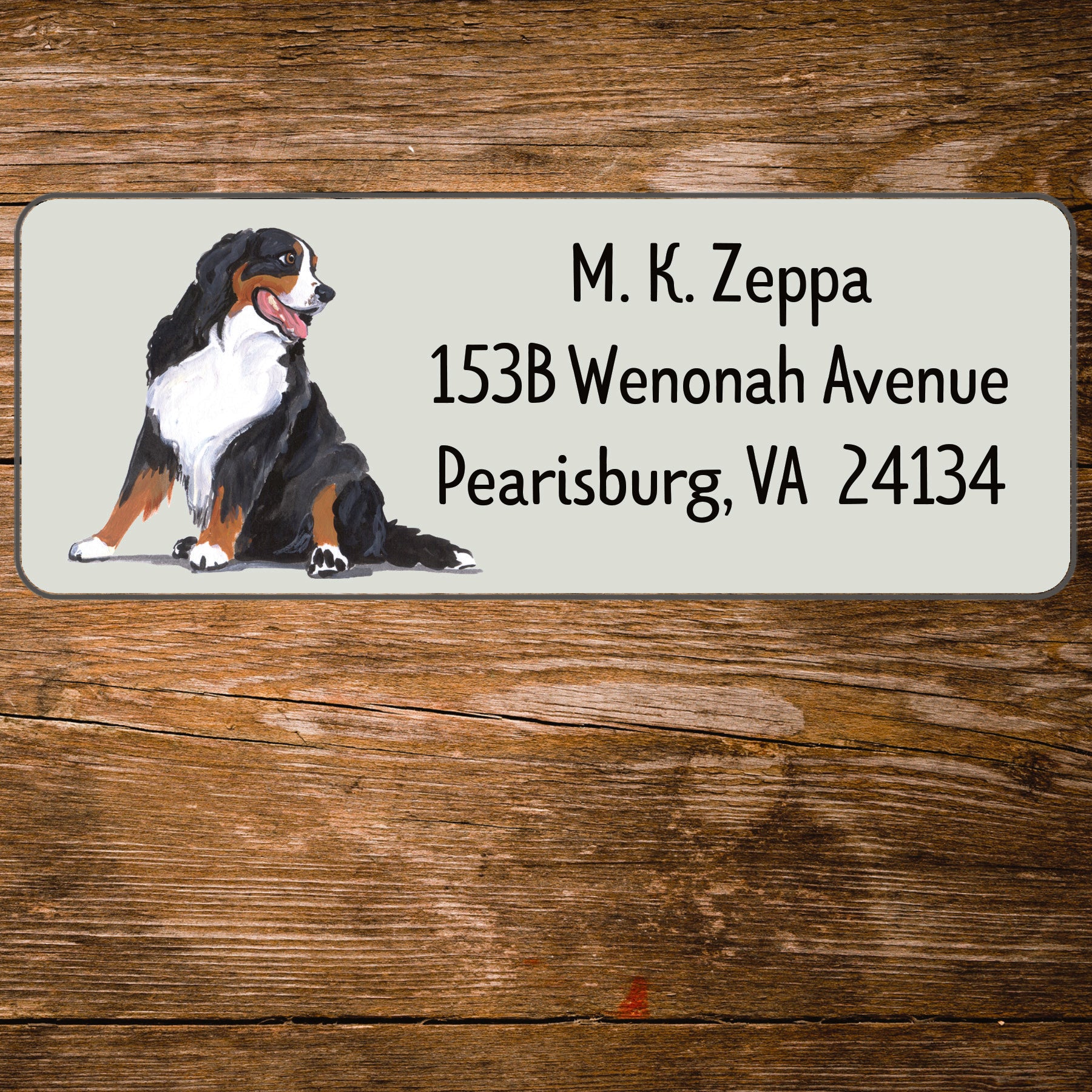 Return address label with Bernese Mtn Dog illustration.