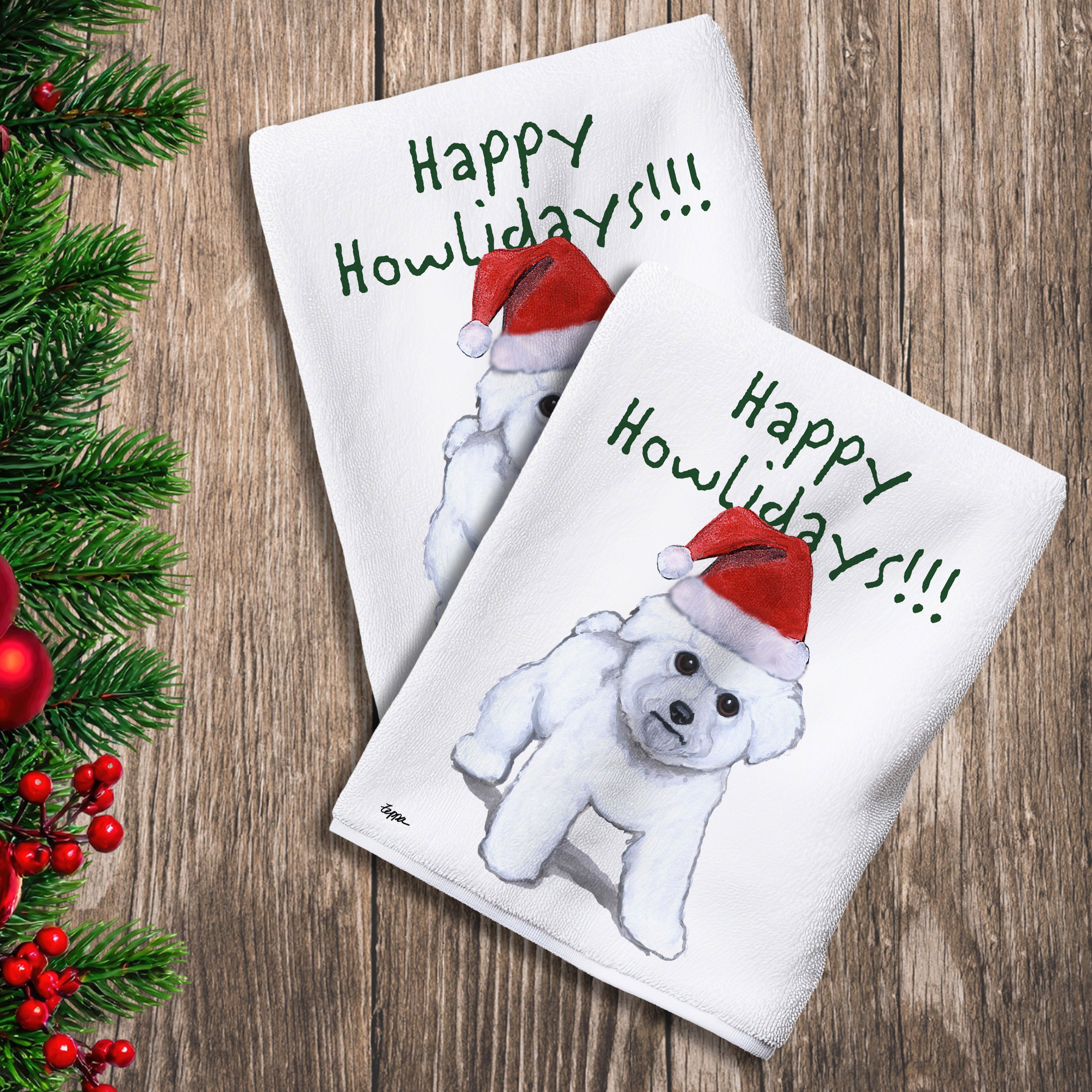 2 Kitchen Towels with a Bichon Frise puppy in a Santa Hat and Happy Howlidays text.