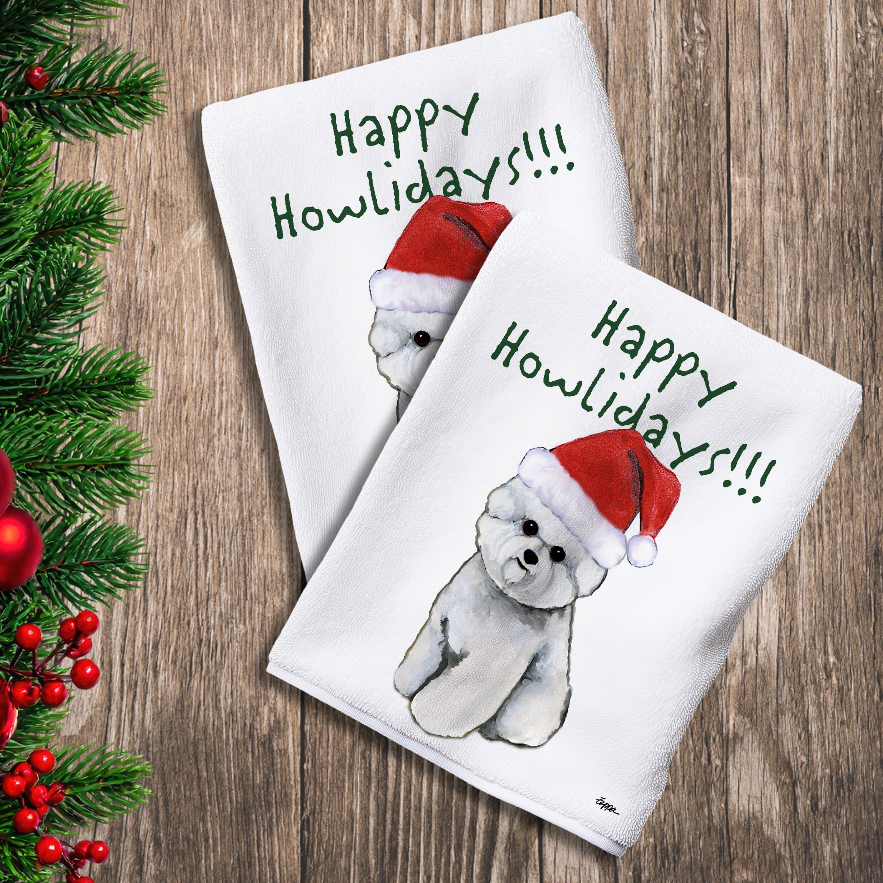 2 Kitchen Towels with a Bichon Frise in a Santa Hat and Happy Howlidays text.