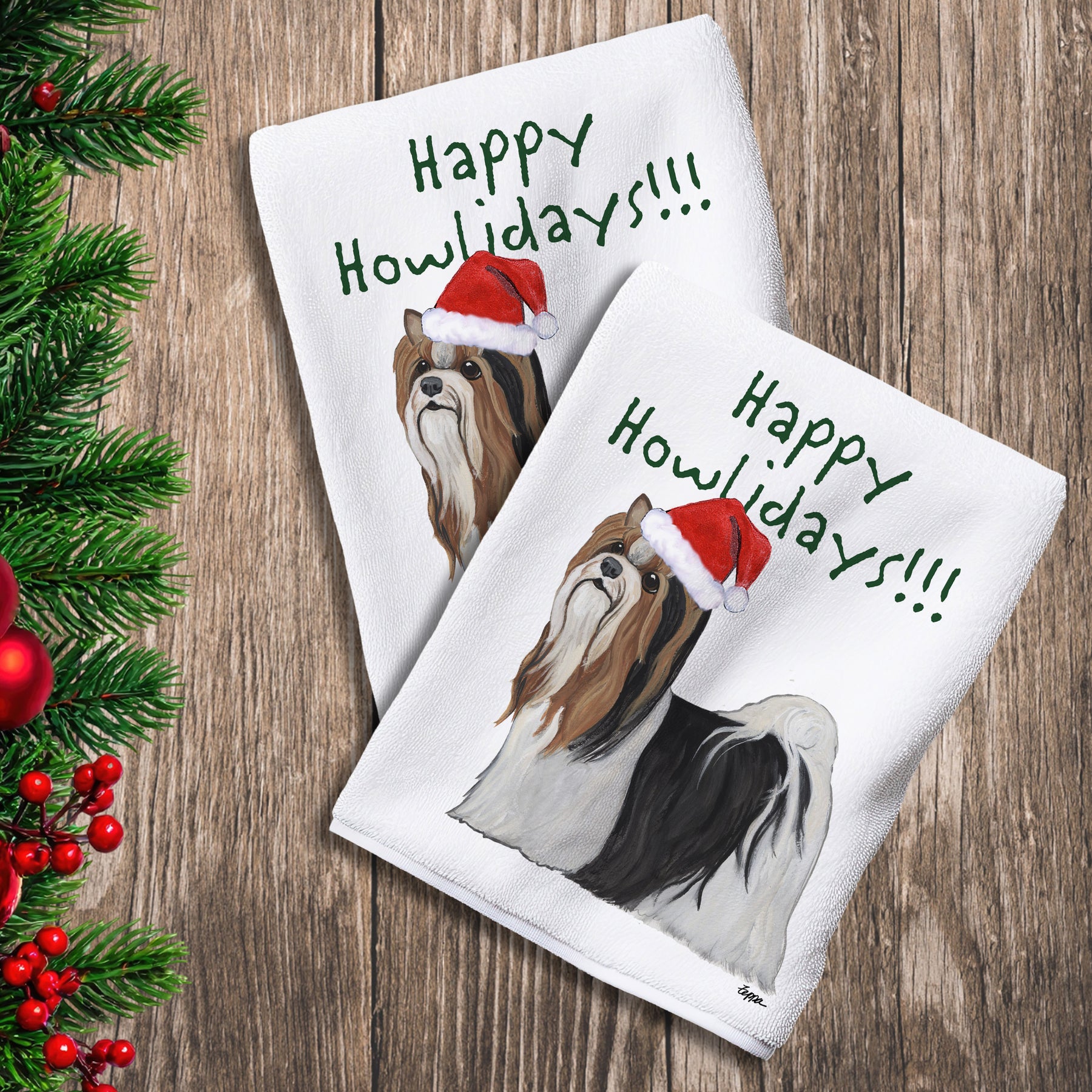 2 Kitchen Towels with a Biewer Terrier in a Santa Hat and Happy Howlidays text.
