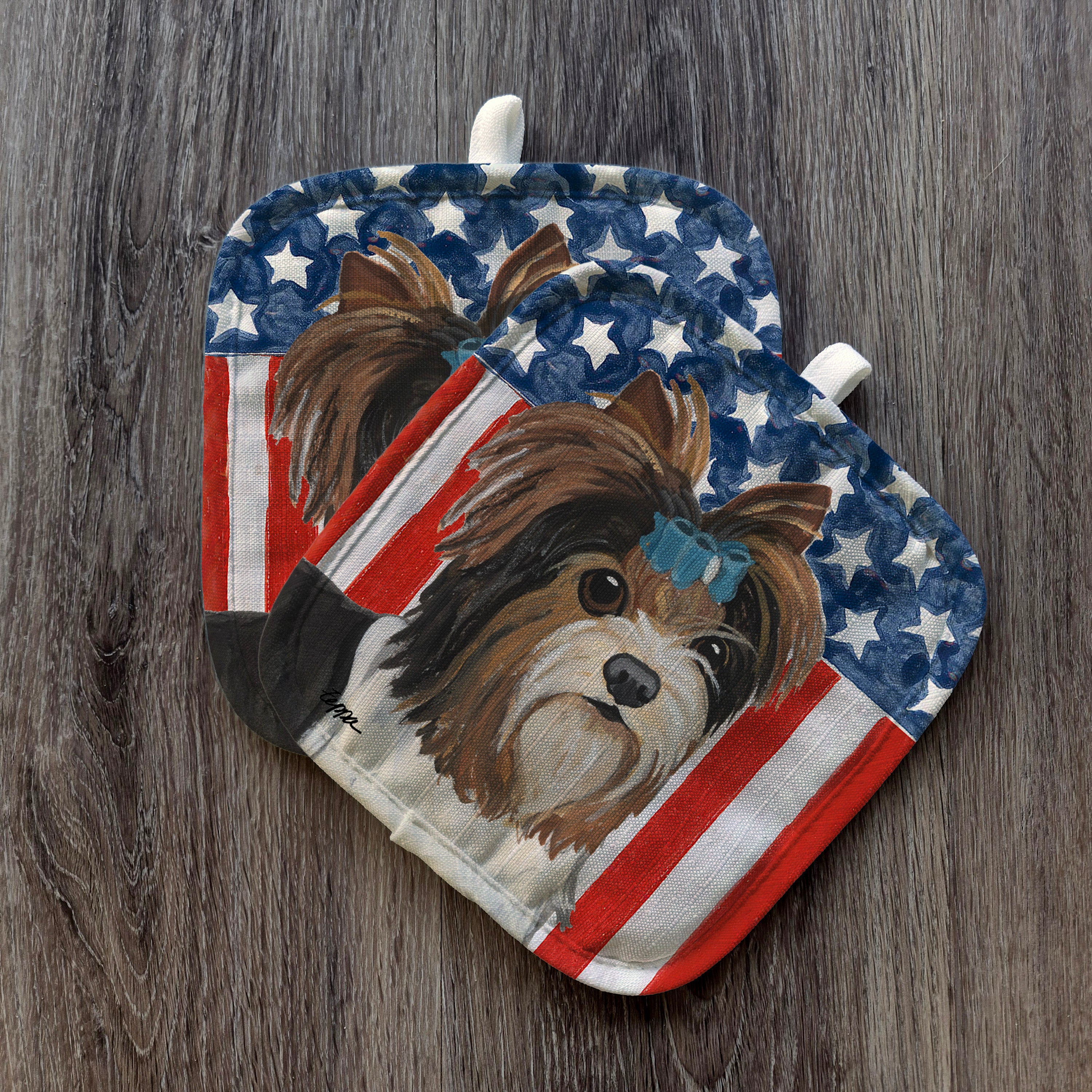 Biewer Terrier with a puppy clip Americana Pot Holder Set