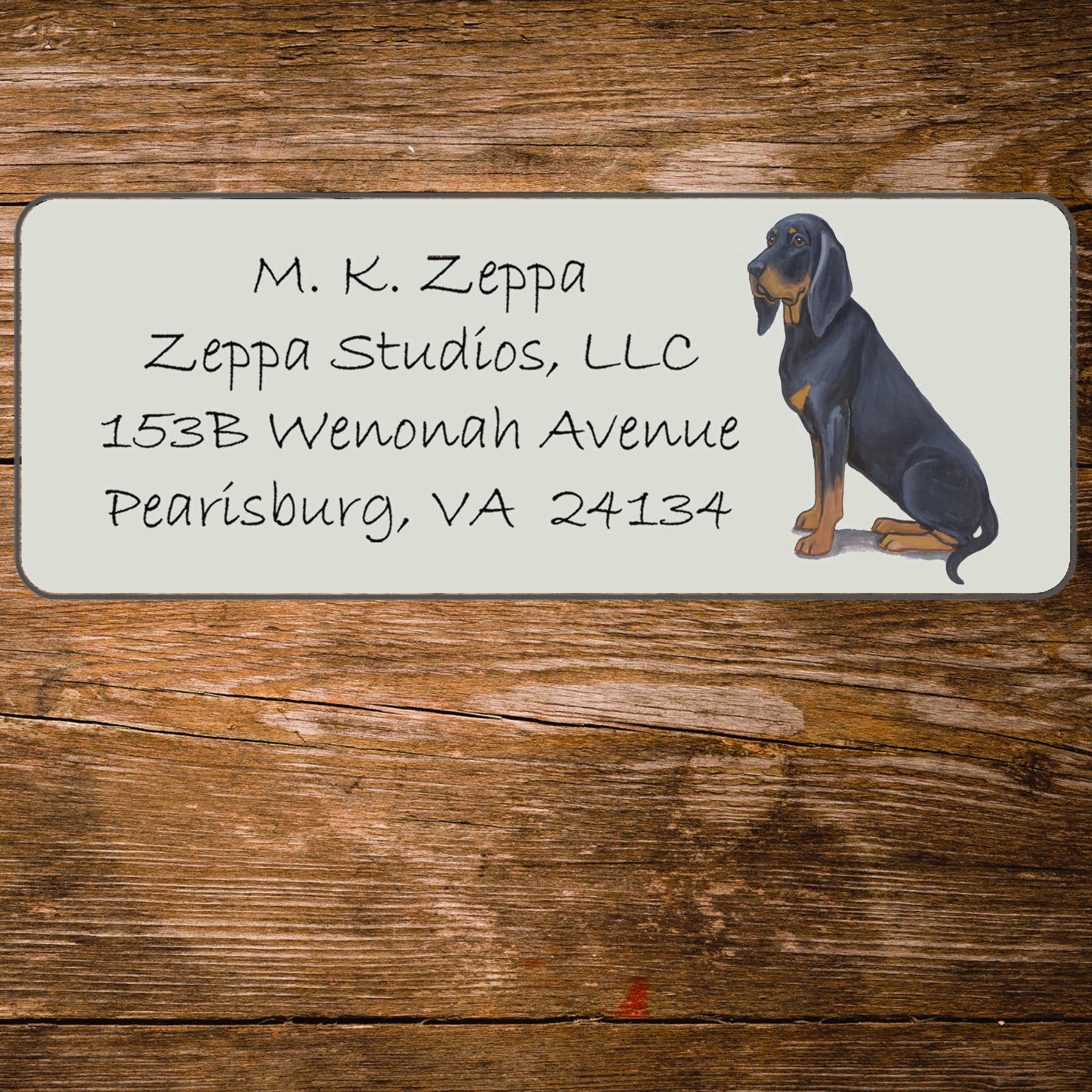 Return address label with a Black and Tan Coonhound illustration